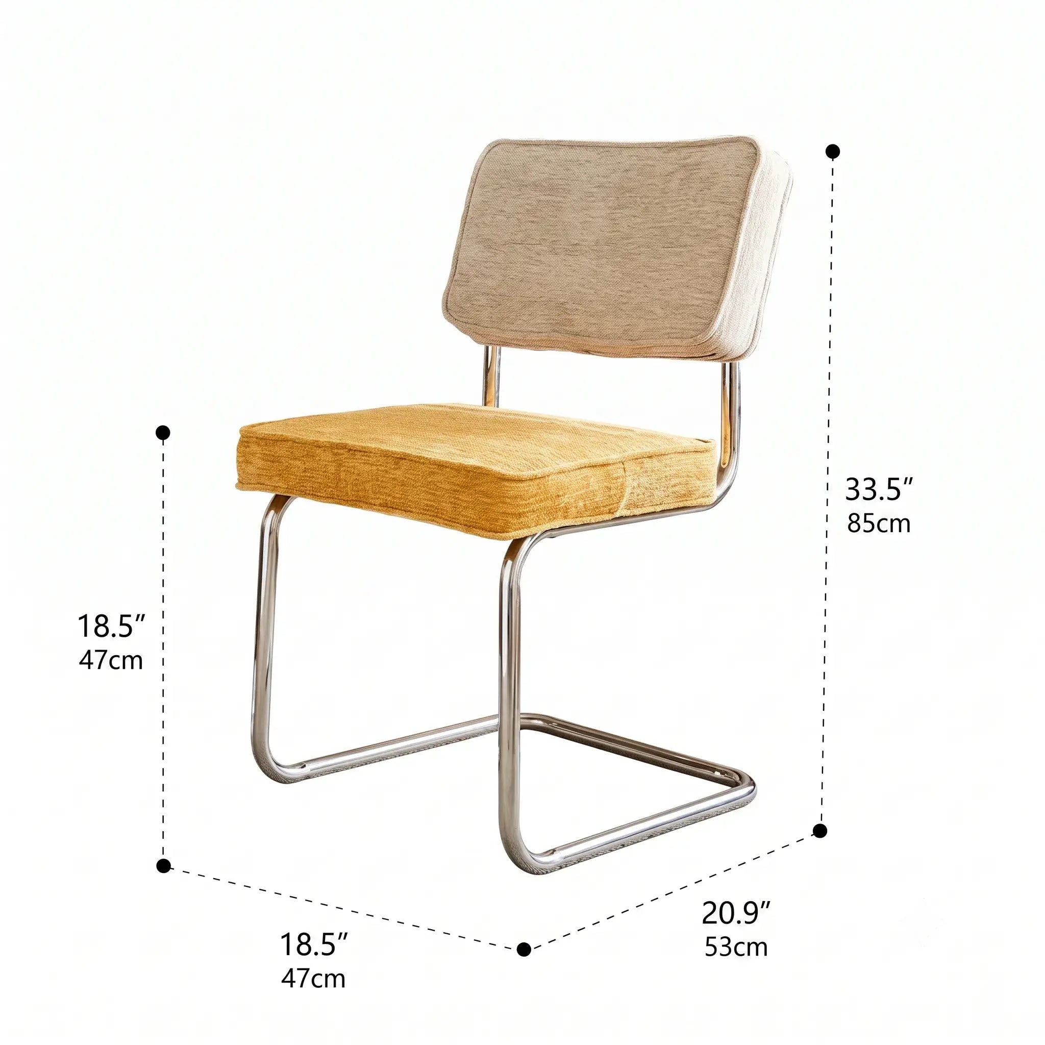Vintage Stainless Steel Dining Chair Series, Chenille Cantilever Seating for Kitchen, Vanity and Study Dimensions