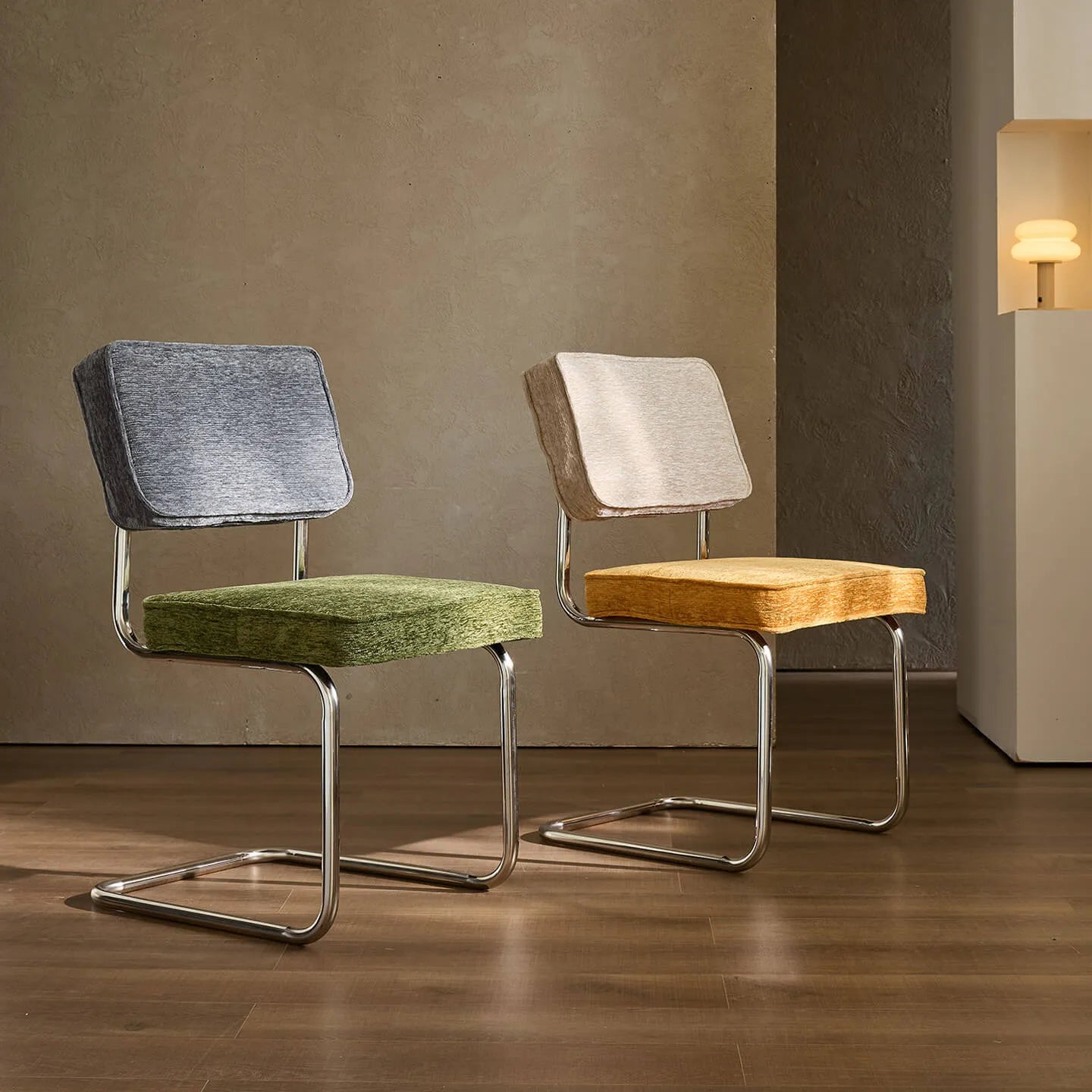 Vintage Stainless Steel Dining Chair Series, Chenille Cantilever Seating for Kitchen, Vanity and Study Imagen secundaria del producto