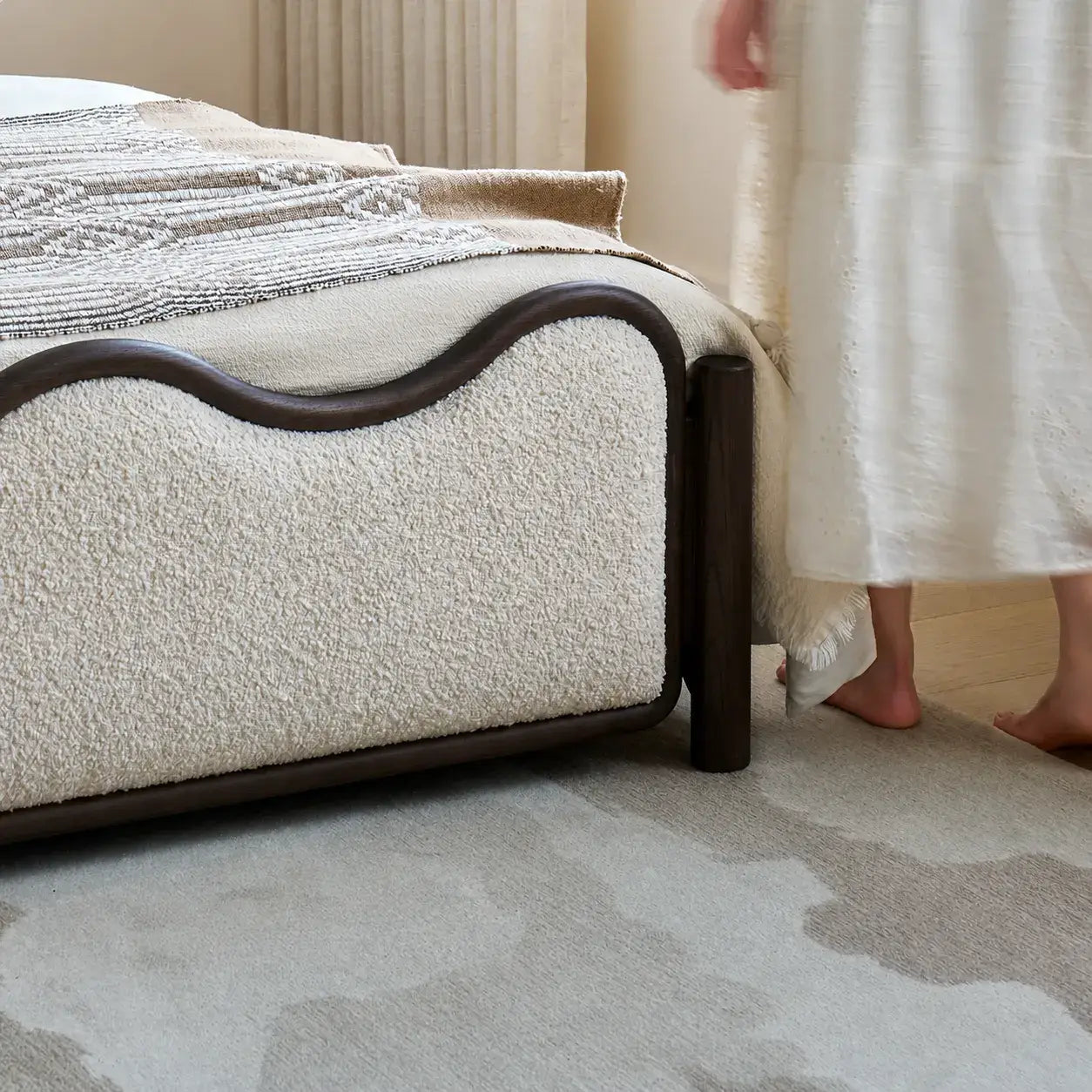 Vintage Wave Vanity Bed in Ash Wood with Plush Boucle Upholstery