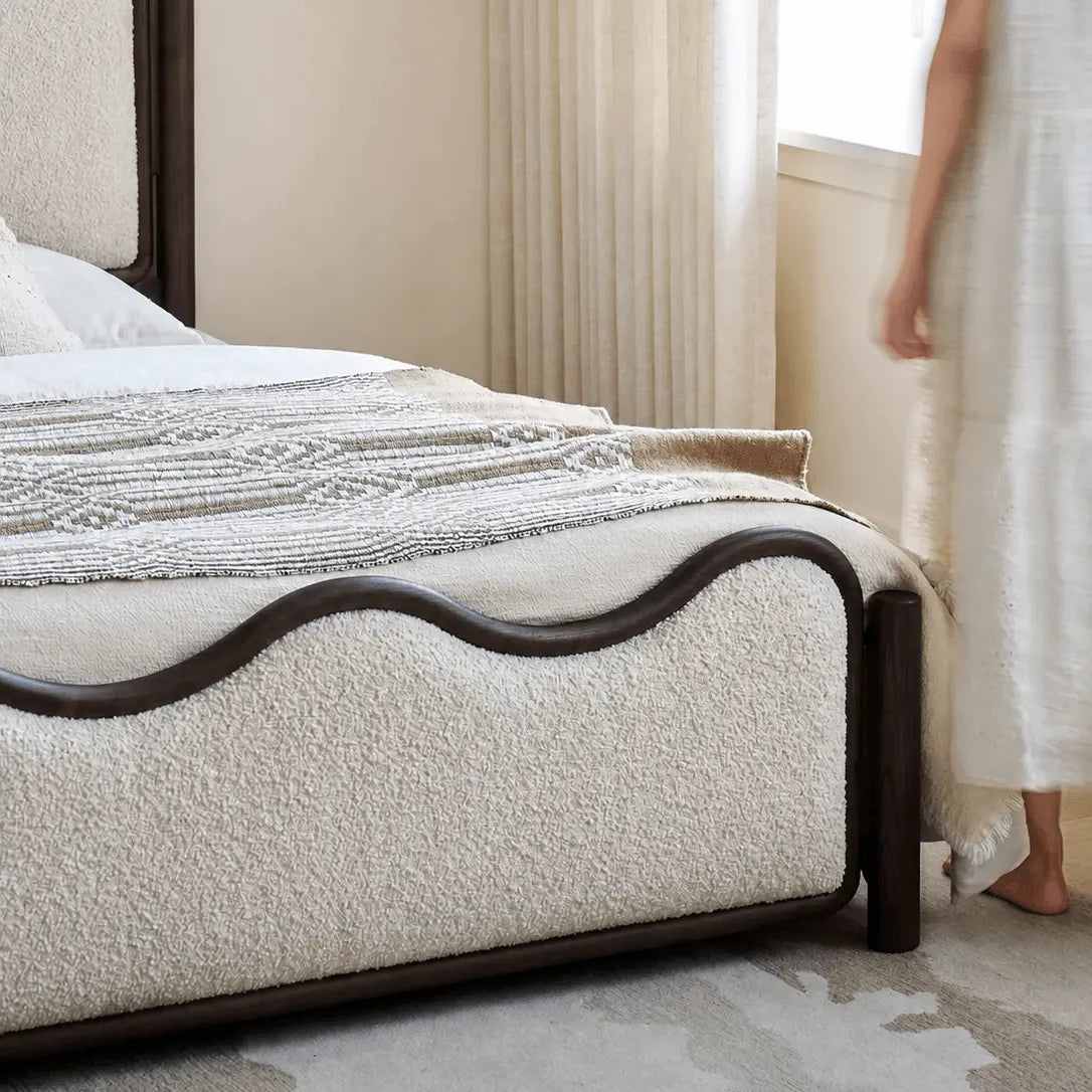 Vintage Wave Vanity Bed in Ash Wood with Plush Boucle Upholstery
