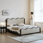 Vintage Wave Vanity Bed in Ash Wood with Plush Boucle Upholstery
