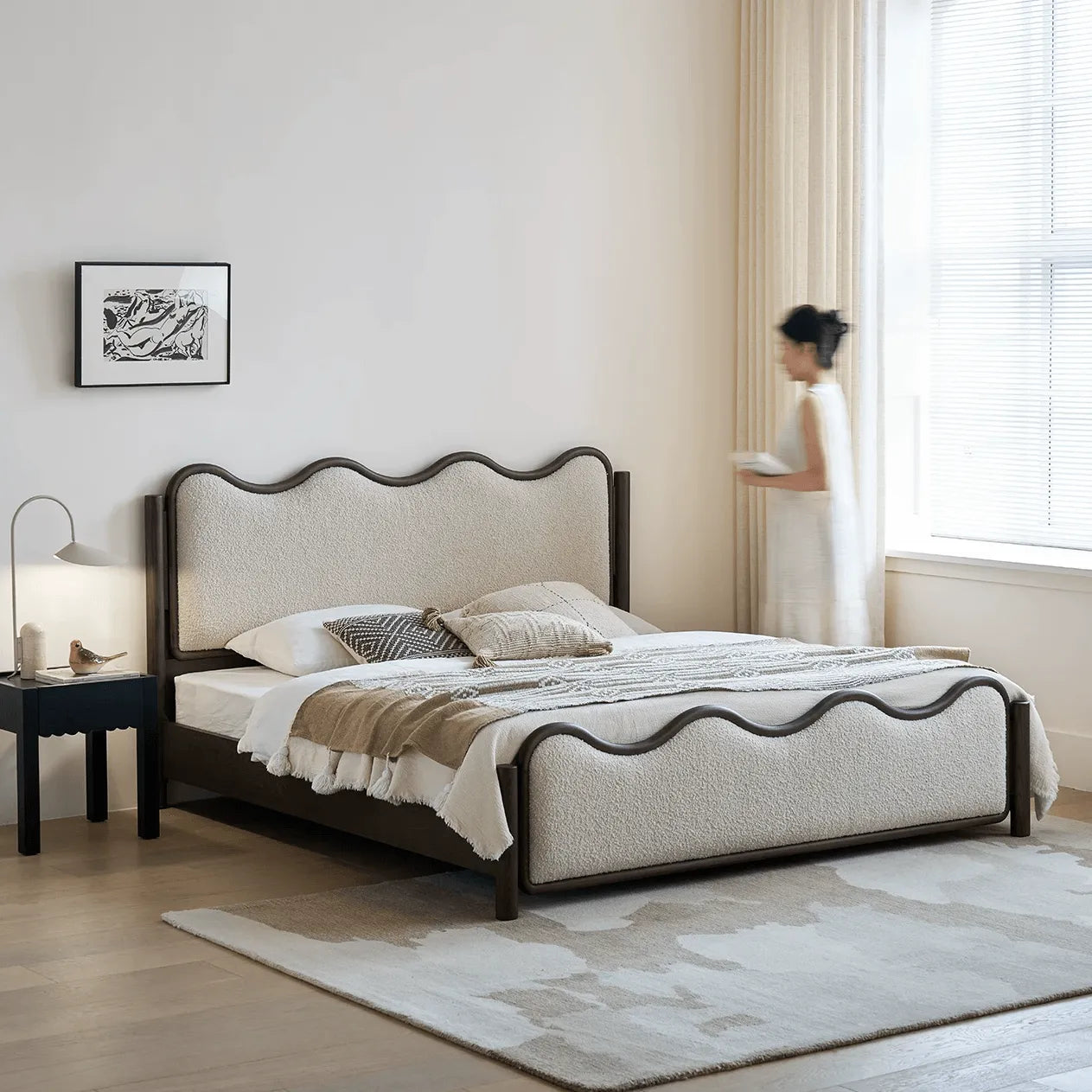 Vintage Wave Vanity Bed in Ash Wood with Plush Boucle Upholstery