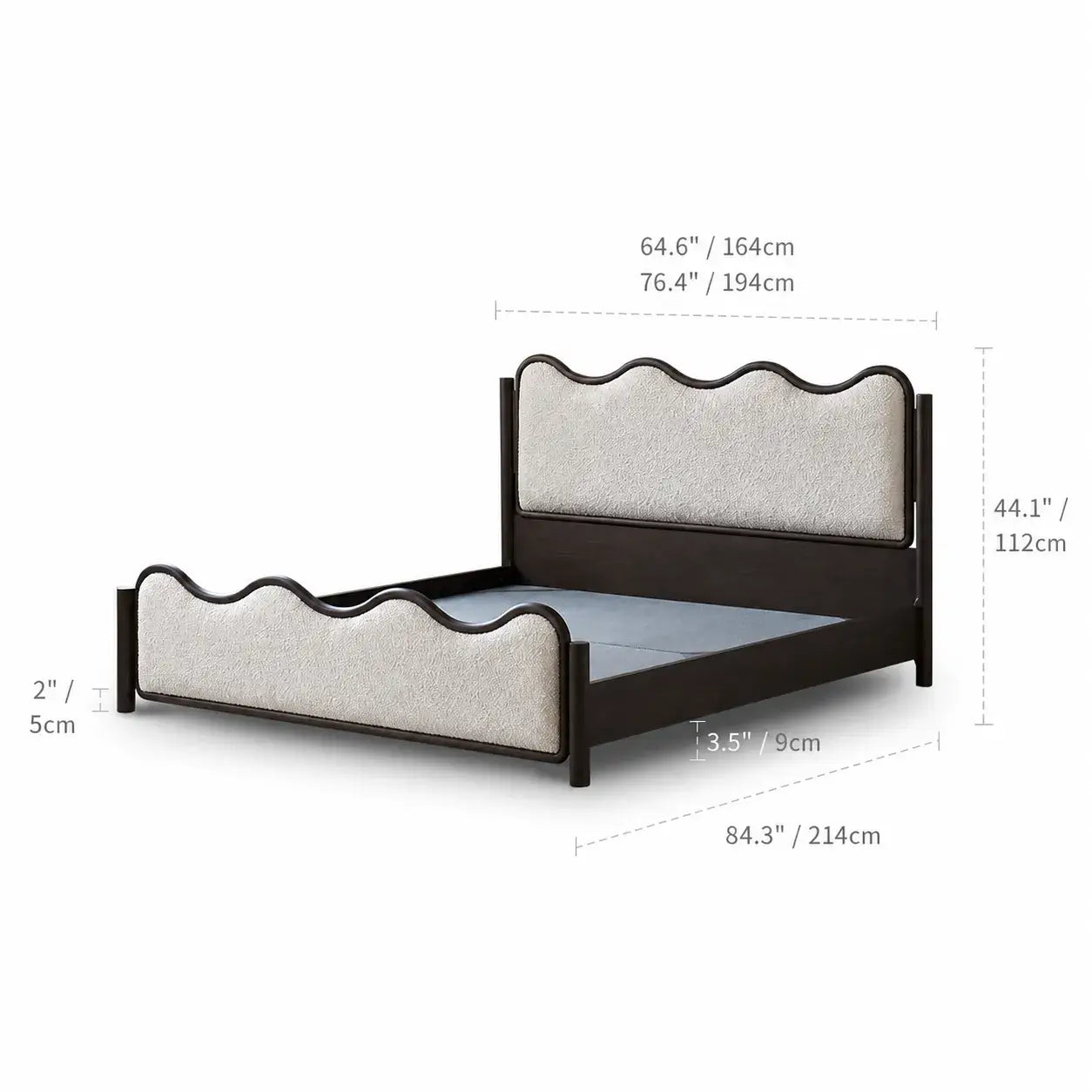 Vintage Wave Vanity Bed in Ash Wood with Plush Boucle Upholstery Dimensions