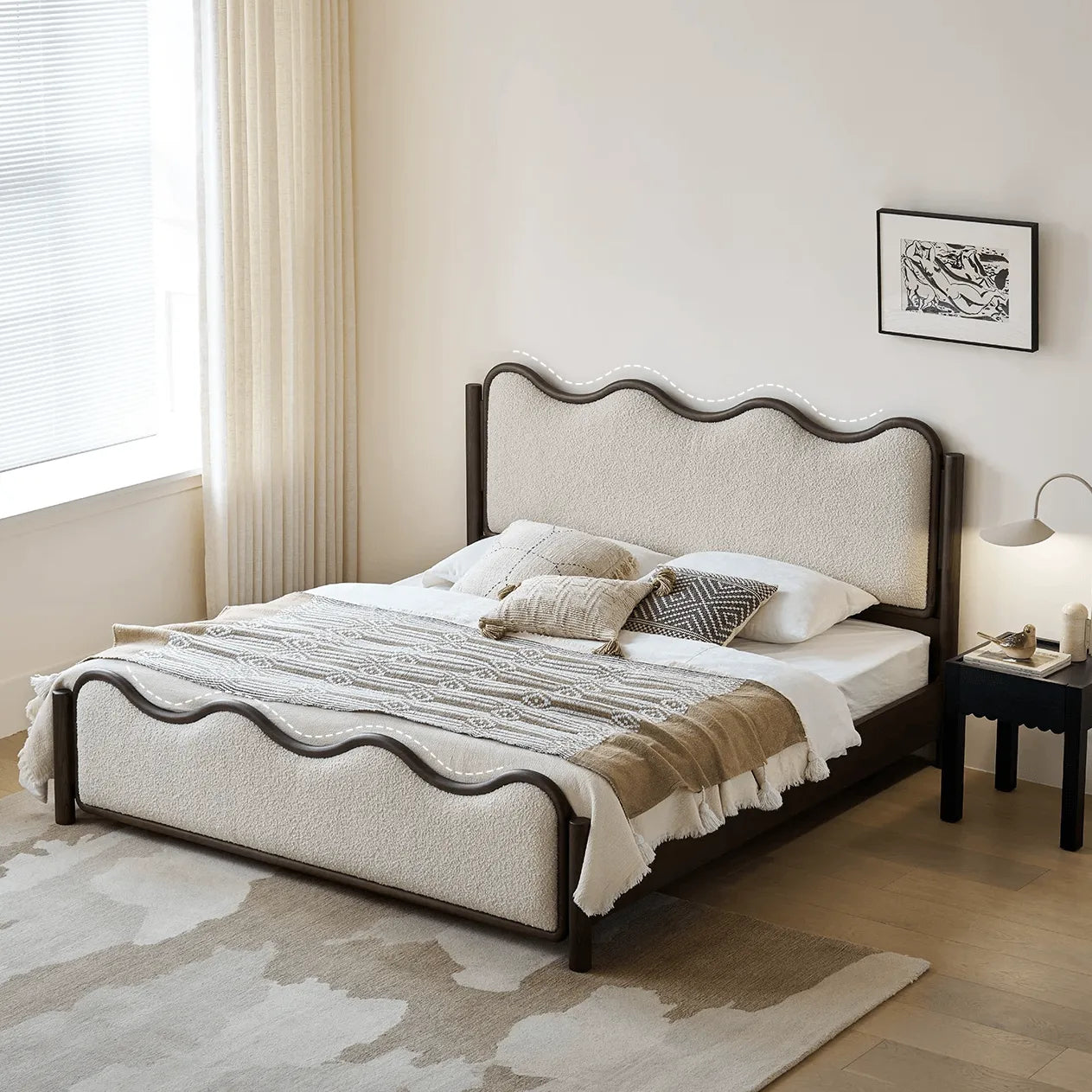 Vintage Wave Vanity Bed in Ash Wood with Plush Boucle Upholstery Main Product Image Imagen principal del producto