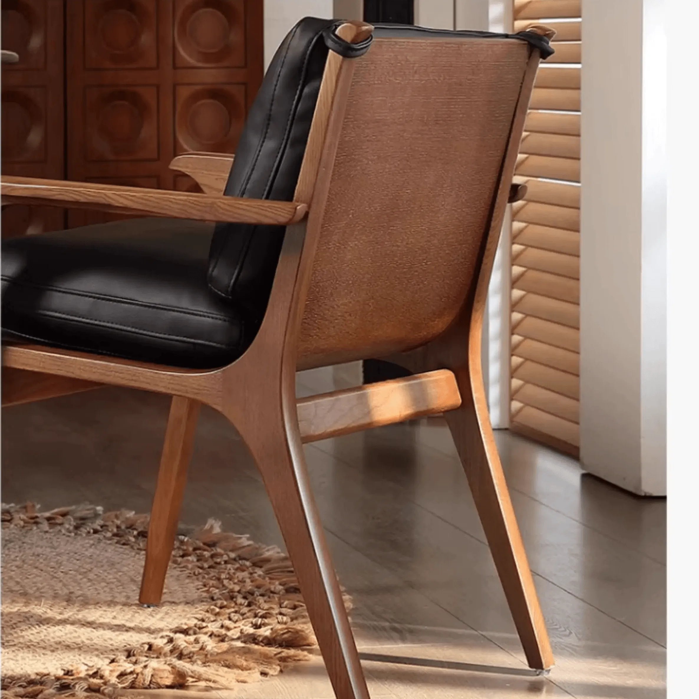 Vintage Wood Dining Chair Series in Dark Ash, Curved Armrest and Linen Upholstery