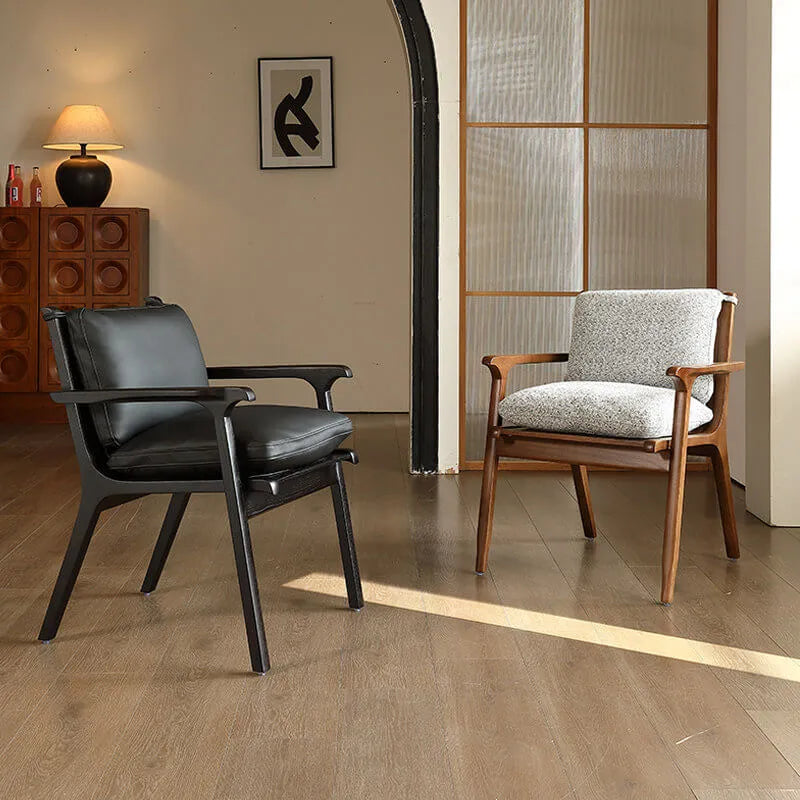 Vintage Wood Dining Chair Series in Dark Ash, Curved Armrest and Linen Upholstery