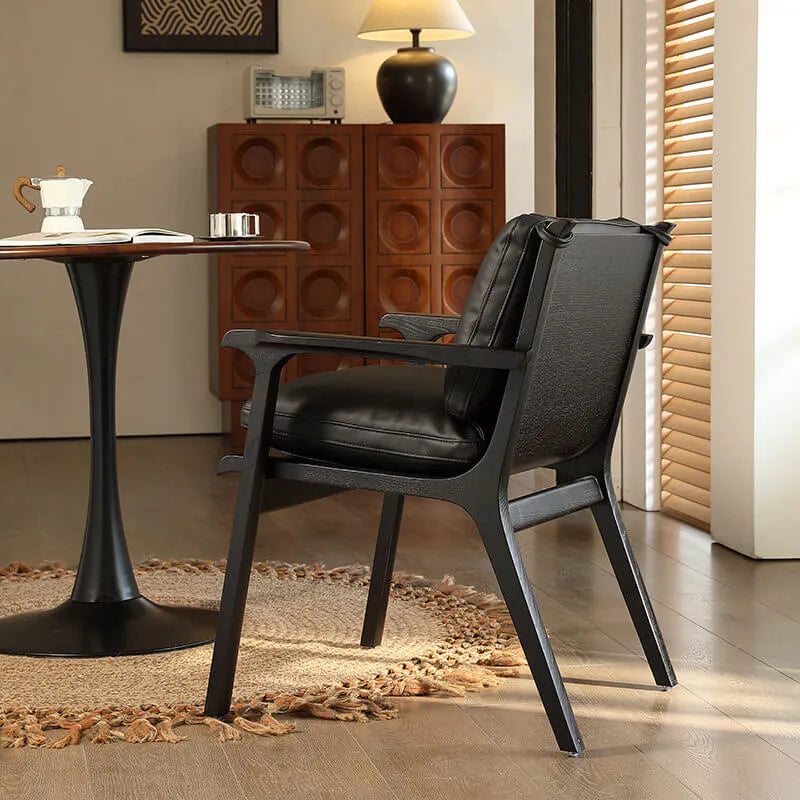 Vintage Wood Dining Chair Series in Dark Ash, Curved Armrest and Linen Upholstery
