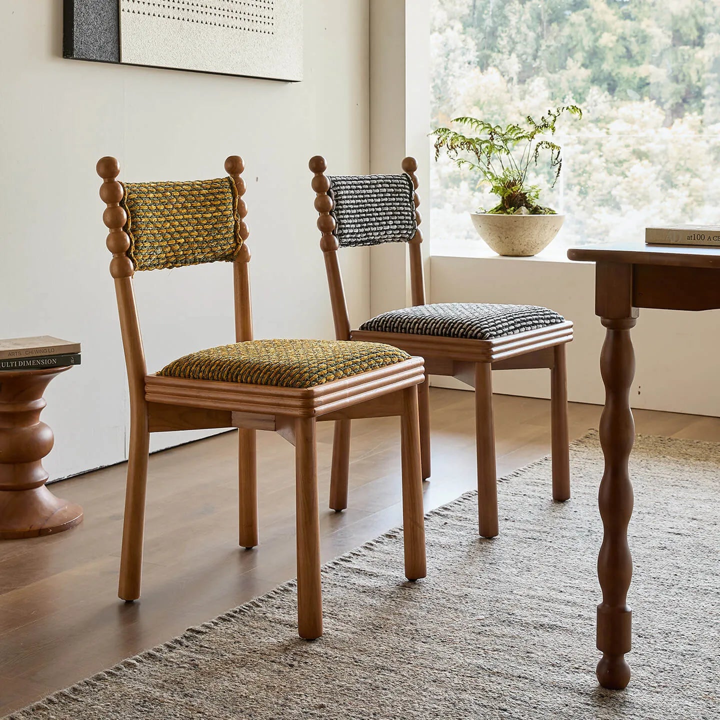 Vintage Wood Dining Chair Series with Beaded Solid Wood Legs and Textured Upholstery