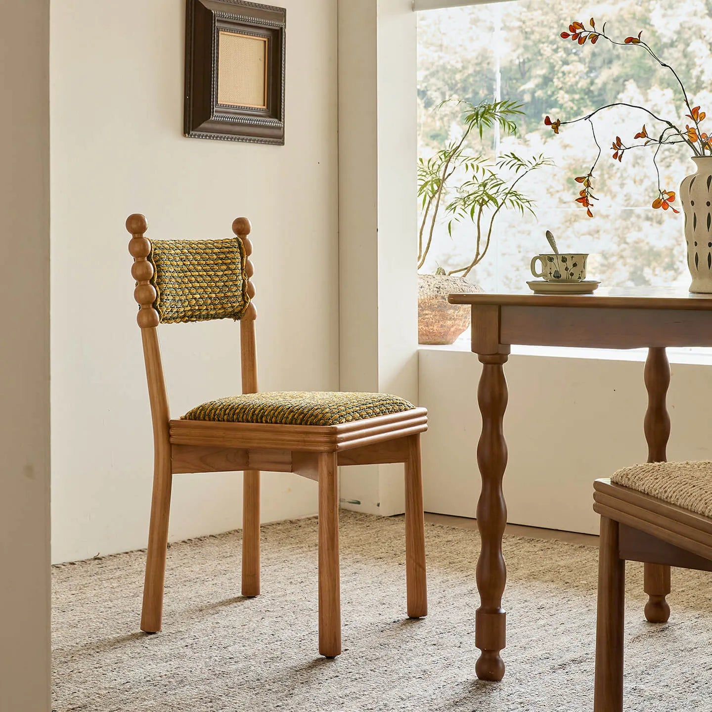 Vintage Wood Dining Chair Series with Beaded Solid Wood Legs and Textured Upholstery
