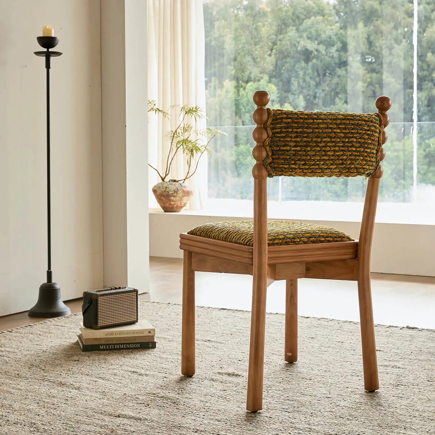 Vintage Wood Dining Chair Series with Beaded Solid Wood Legs and Textured Upholstery