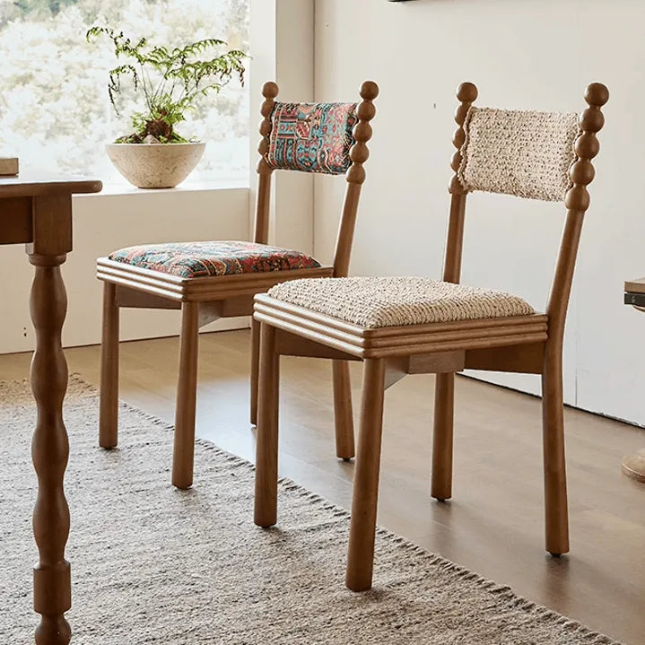 Vintage Wood Dining Chair Series with Beaded Solid Wood Legs and Textured Upholstery