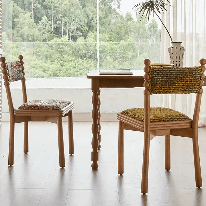 Vintage Wood Dining Chair Series with Beaded Solid Wood Legs and Textured Upholstery