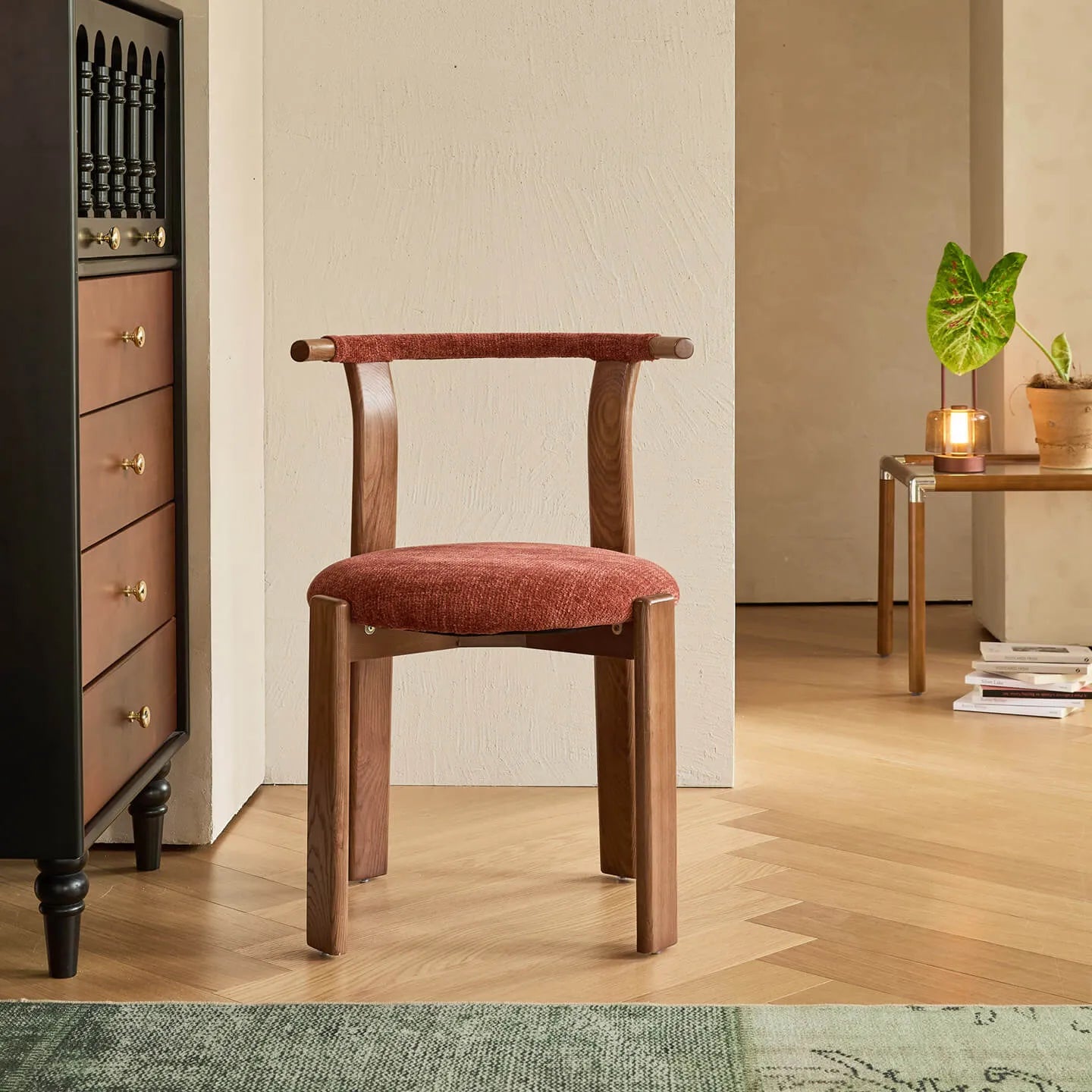 Vintage Wood Dining Chair Series With Curved Ash Frame and Chenille Upholstery Secondary image