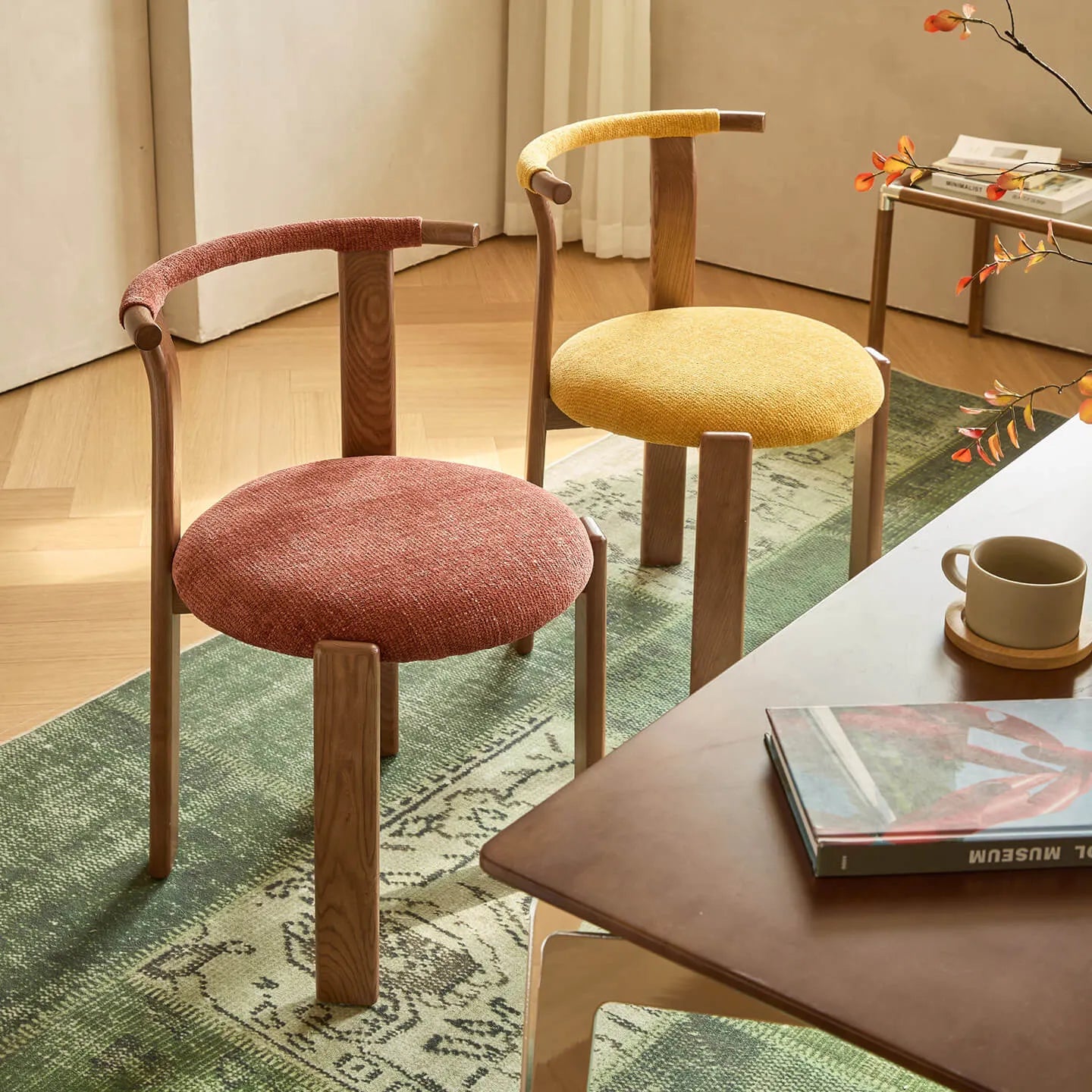 Vintage Wood Dining Chair Series With Curved Ash Frame and Chenille Upholstery