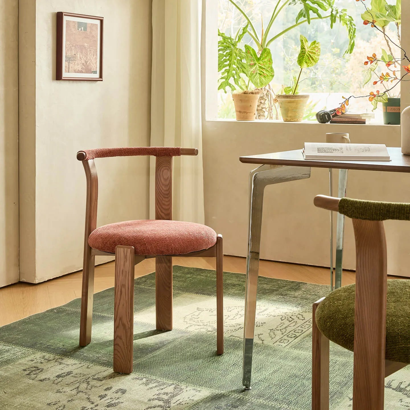 Vintage Wood Dining Chair Series With Curved Ash Frame and Chenille Upholstery Main Product Image Main image