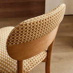 Vintage Wood Dining Chair Series With Curved Back, Textured Fabric, Mid-Century Style