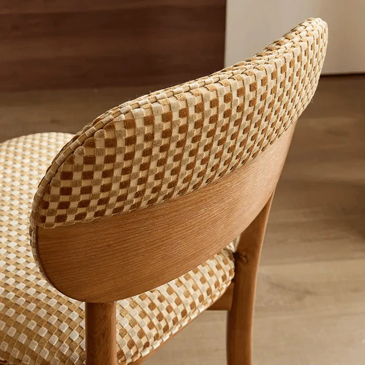 Vintage Wood Dining Chair Series With Curved Back, Textured Fabric, Mid-Century Style