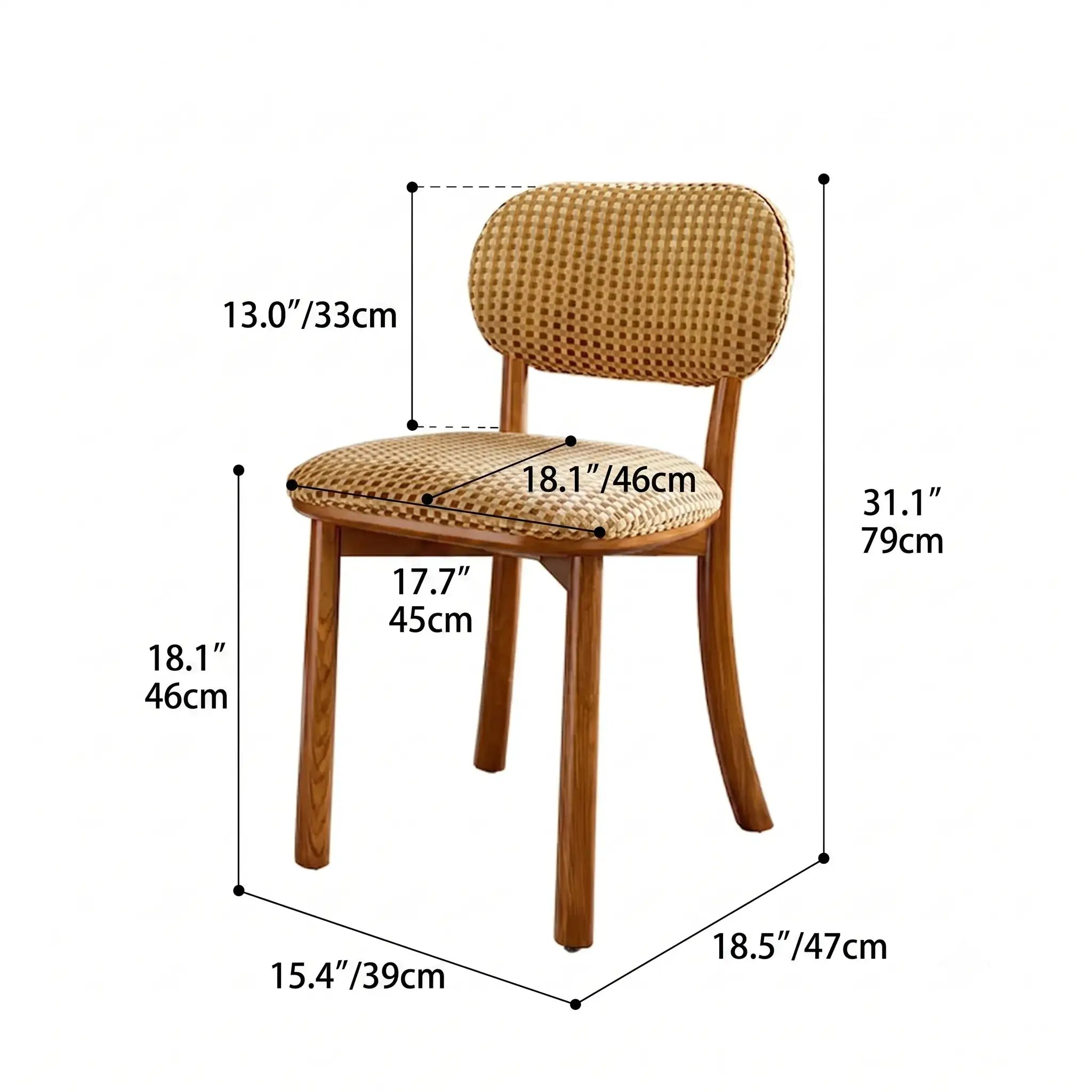 Vintage Wood Dining Chair Series With Curved Back, Textured Fabric, Mid-Century Style Dimensions