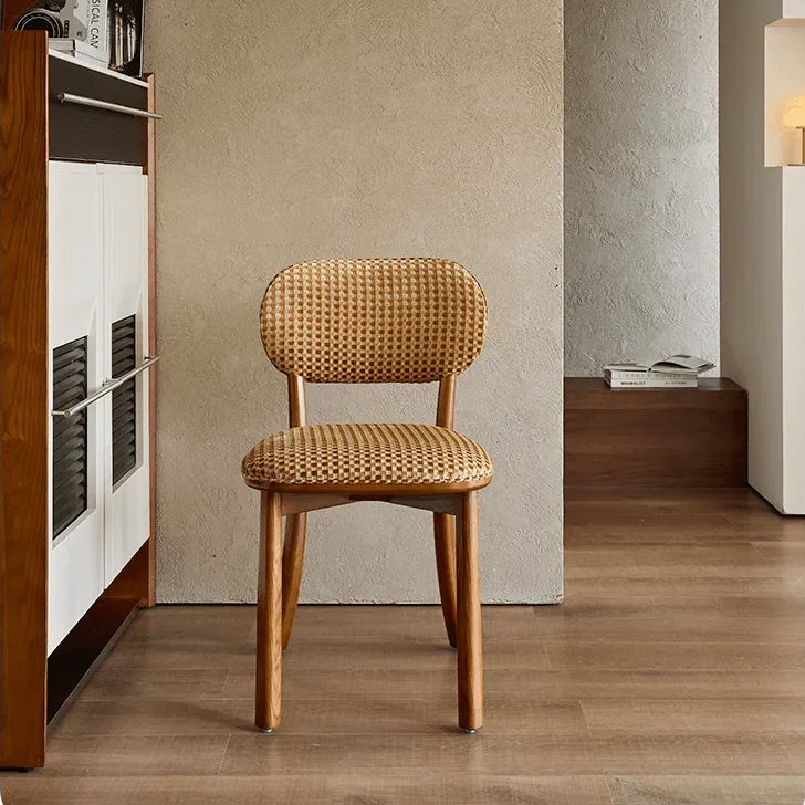 Vintage Wood Dining Chair Series With Curved Back, Textured Fabric, Mid-Century Style