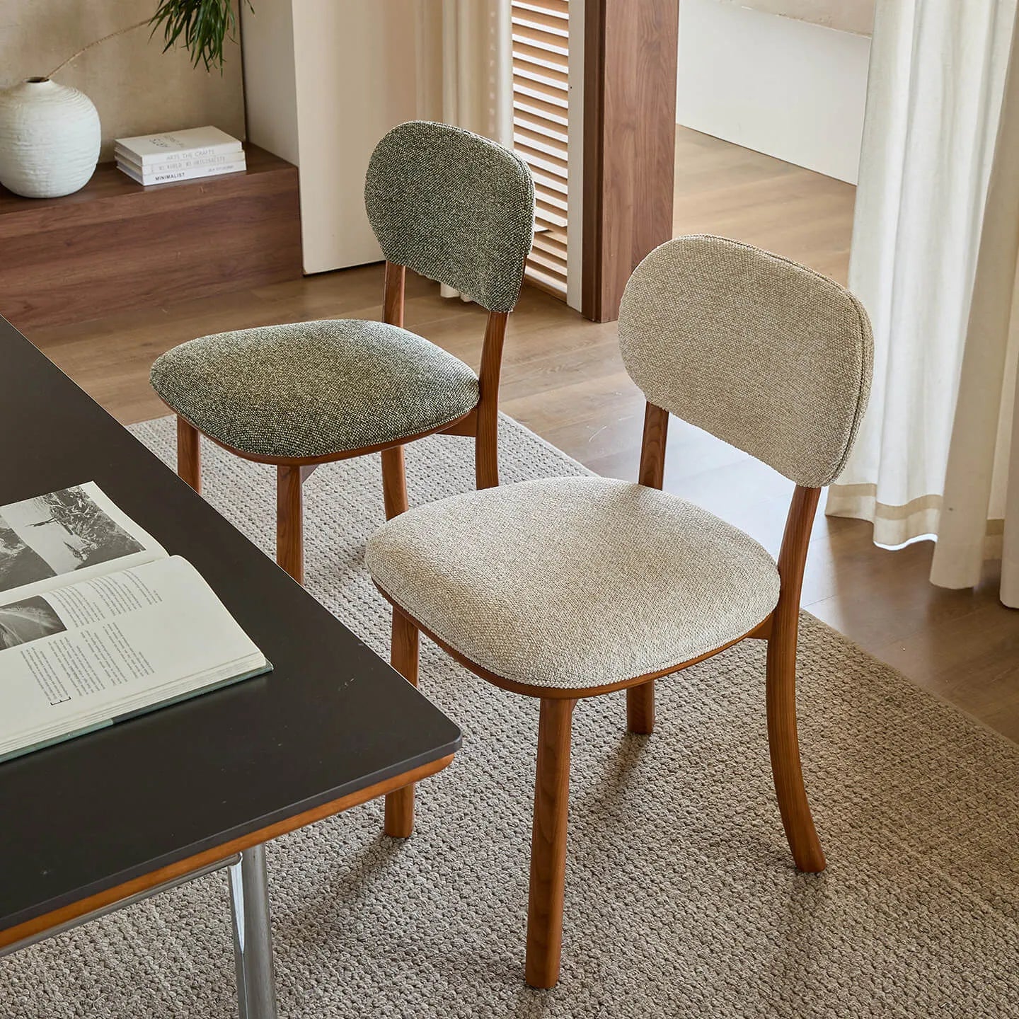Vintage Wood Dining Chair Series With Curved Back, Textured Fabric, Mid-Century Style