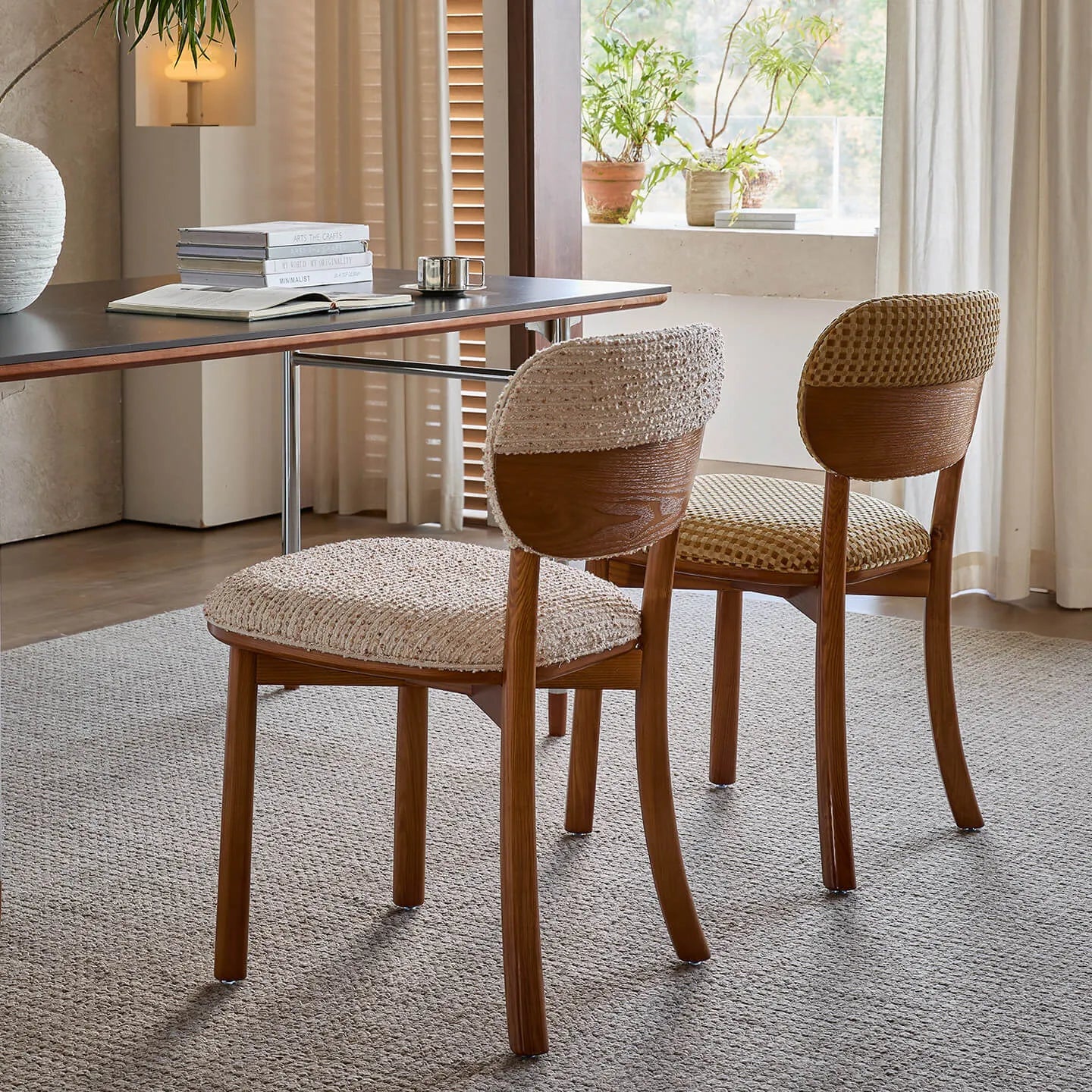 Vintage Wood Dining Chair Series With Curved Back, Textured Fabric, Mid-Century Style Main Product Image Main image