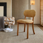 Vintage Wood Dining Chair Series With Curved Back, Textured Fabric, Mid-Century Style