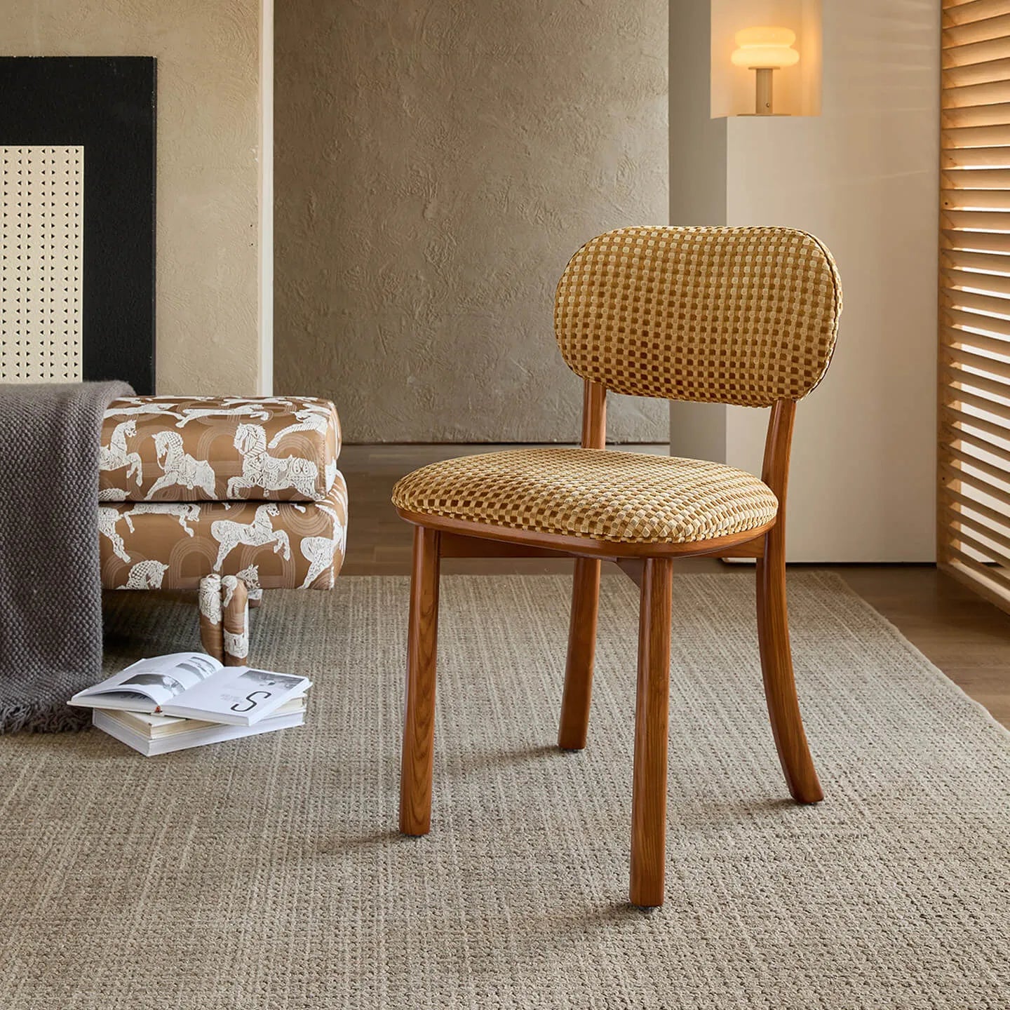 Vintage Wood Dining Chair Series With Curved Back, Textured Fabric, Mid-Century Style