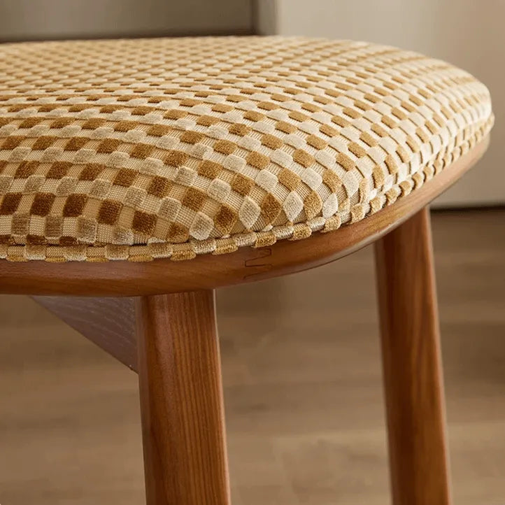 Vintage Wood Dining Chair Series With Curved Back, Textured Fabric, Mid-Century Style