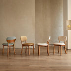 Vintage Wood Dining Chair Series With Curved Back, Textured Fabric, Mid-Century Style