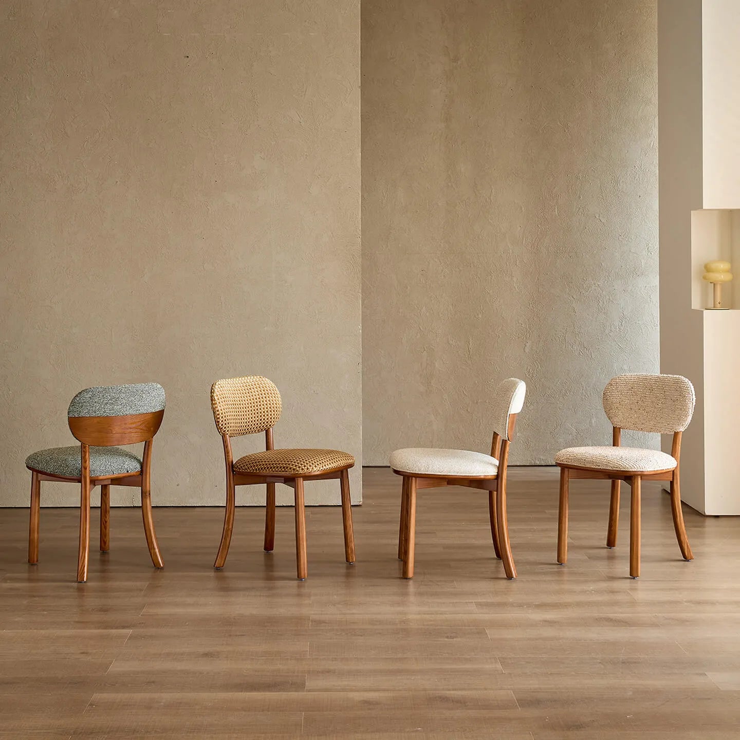 Vintage Wood Dining Chair Series With Curved Back, Textured Fabric, Mid-Century Style