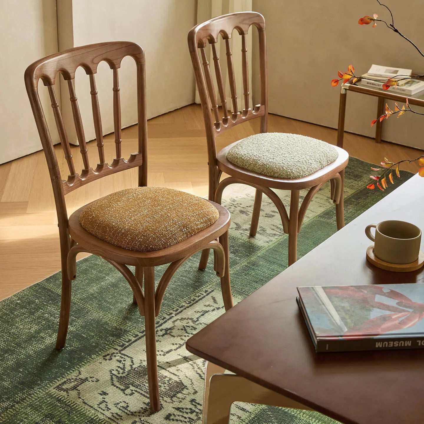 Vintage Wood Dining Chair Series with French Curved Frame and Upholstered Seat