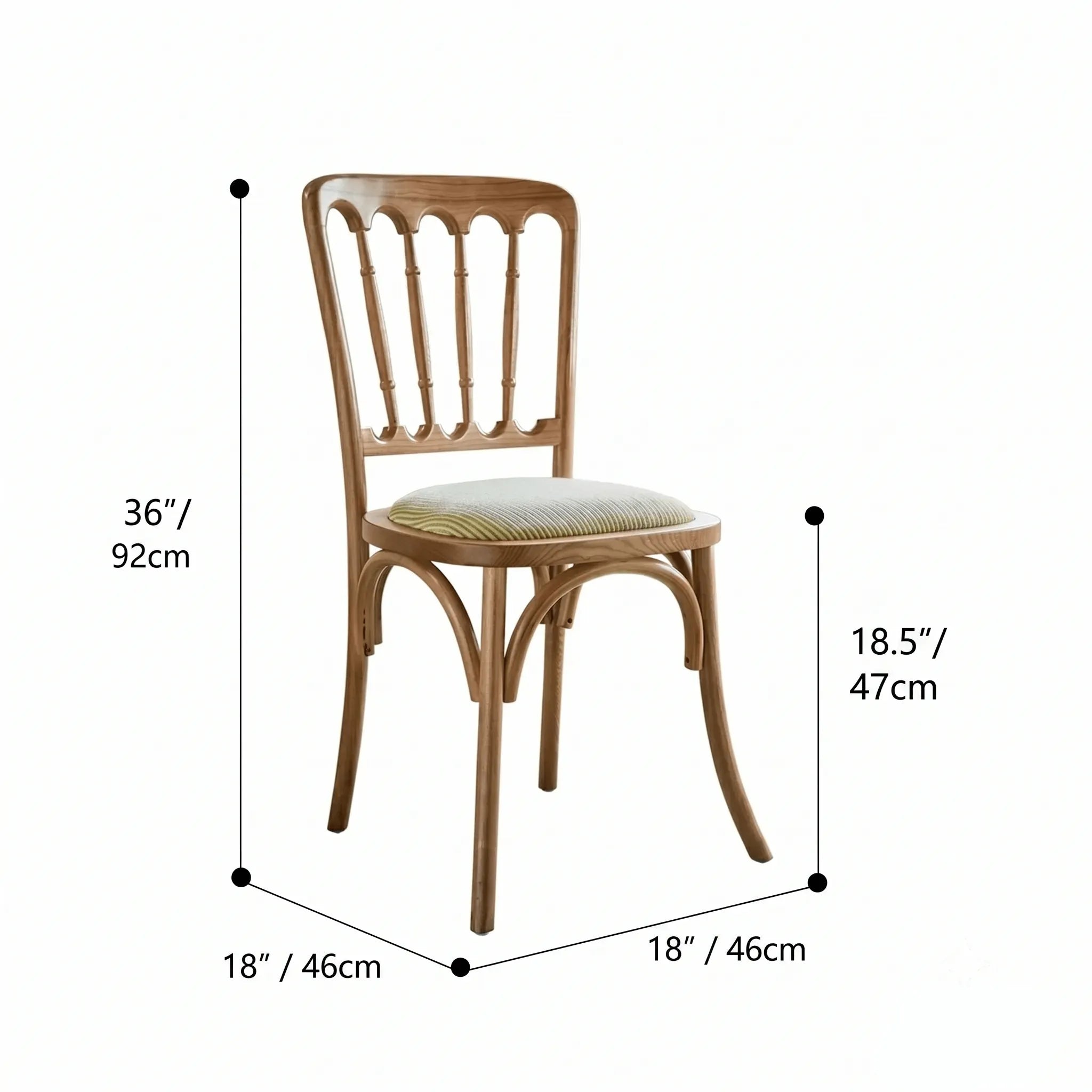 Vintage Wood Dining Chair Series with French Curved Frame and Upholstered Seat Dimensions