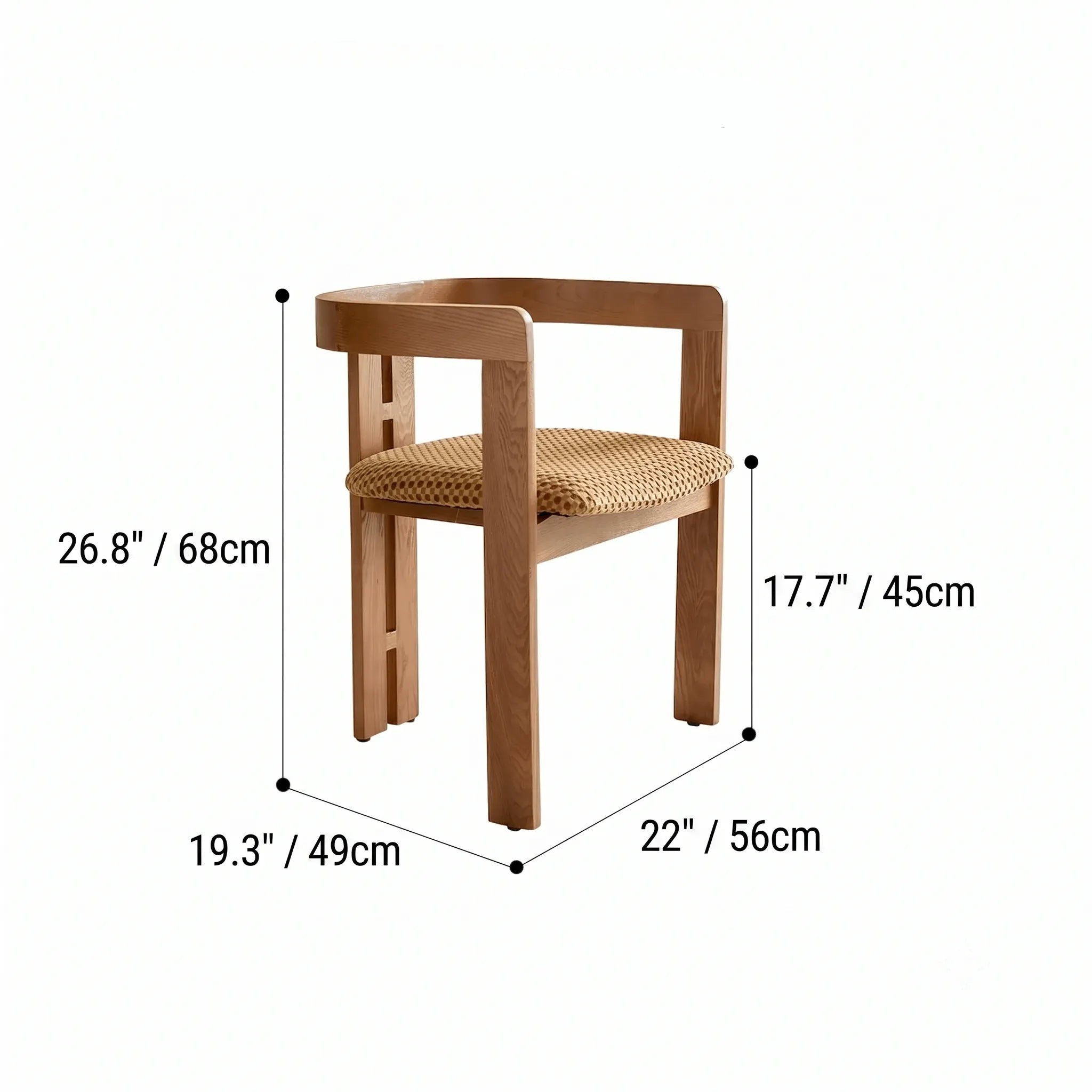 Vintage Wood Dining Chair Series with Sculpted Ash Frame and Plush Textured Seat Dimensions