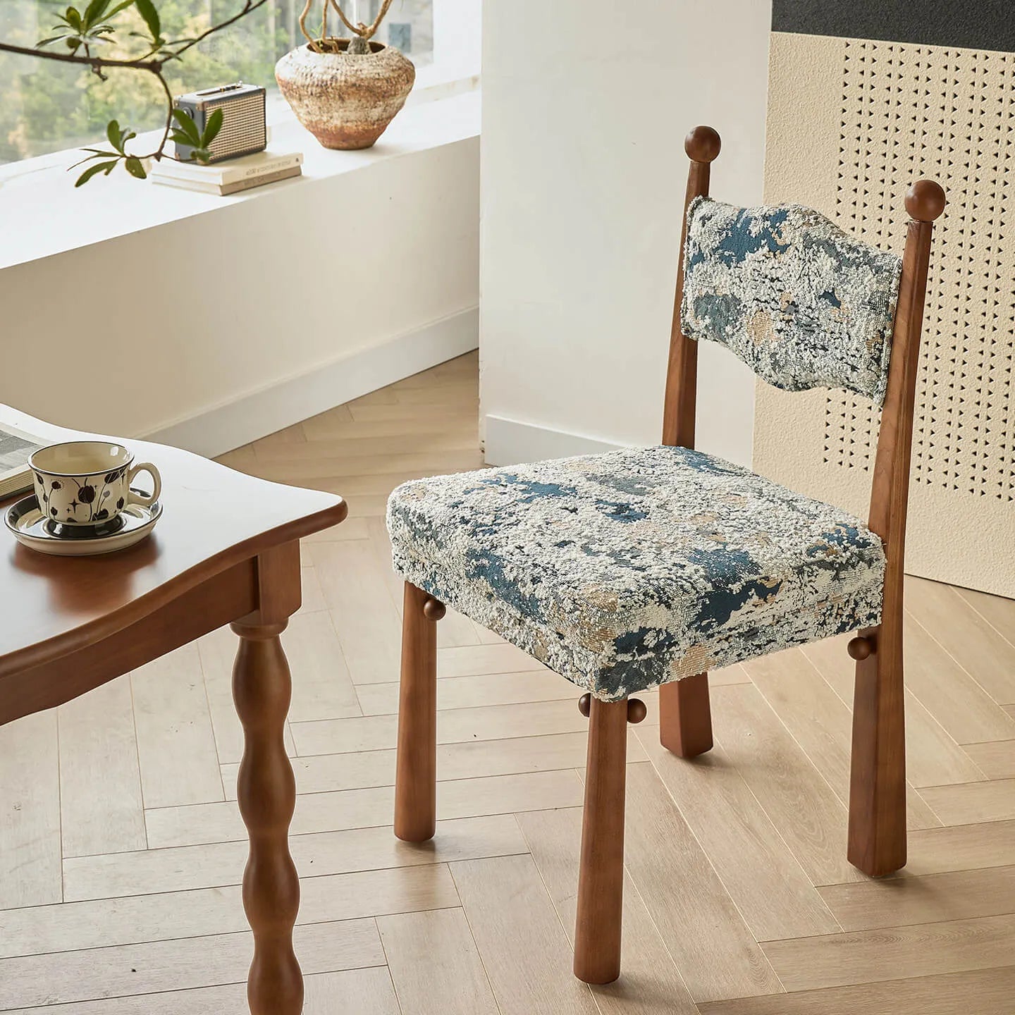 Vintage Wood Dining Chair Series With Turned Ash Legs and Patterned Upholstery