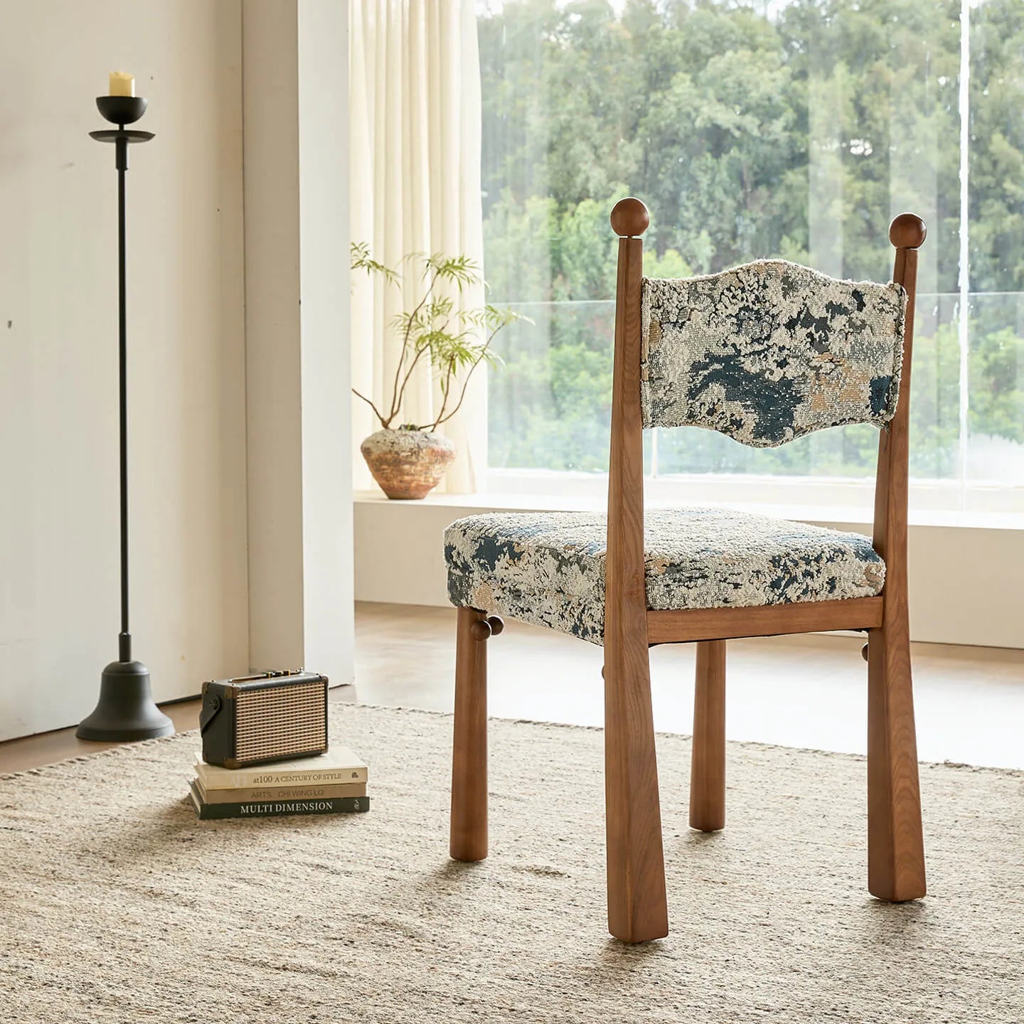 Vintage Wood Dining Chair Series With Turned Ash Legs and Patterned Upholstery