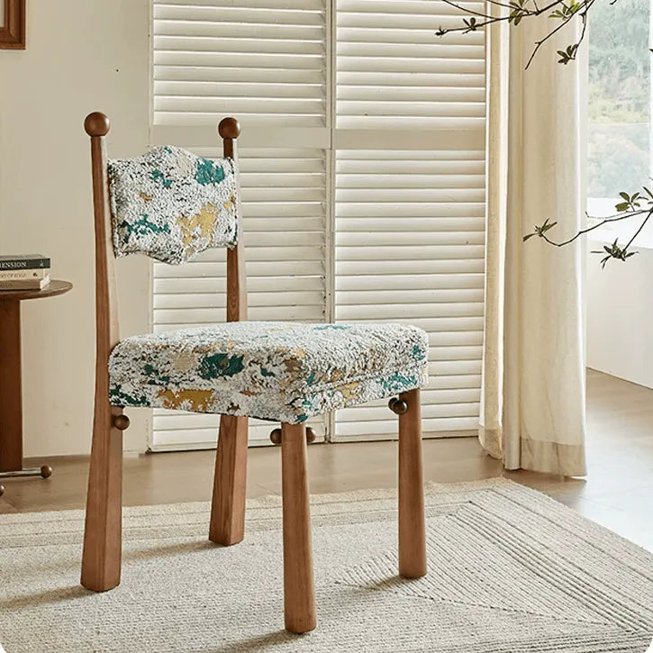 Vintage Wood Dining Chair Series With Turned Ash Legs and Patterned Upholstery
