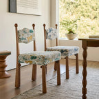 Vintage Wood Dining Chair Series With Turned Ash Legs and Patterned Upholstery