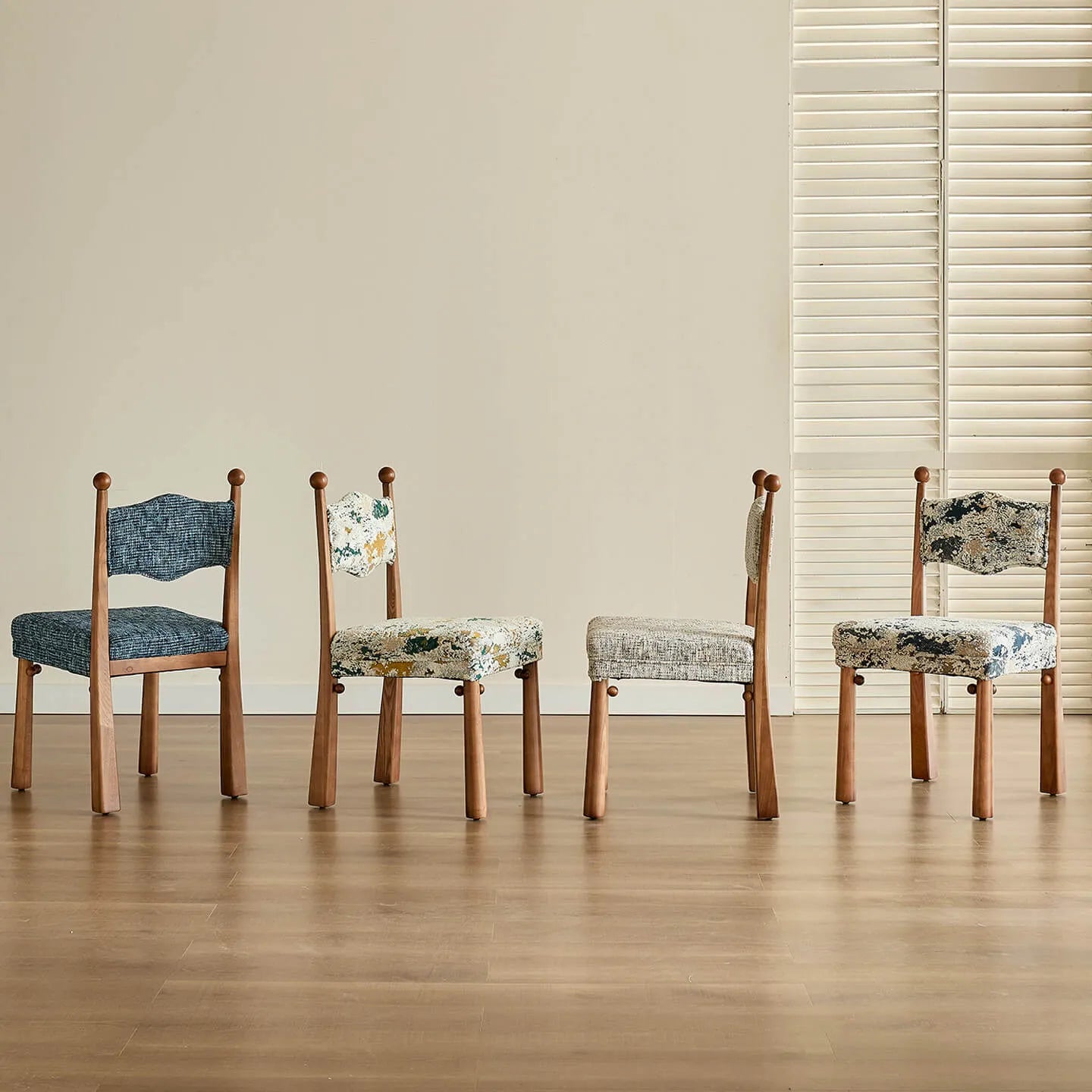Vintage Wood Dining Chair Series With Turned Ash Legs and Patterned Upholstery