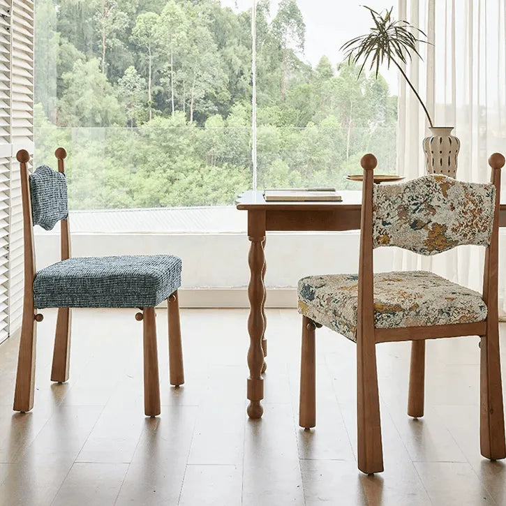 Vintage Wood Dining Chair Series With Turned Ash Legs and Patterned Upholstery