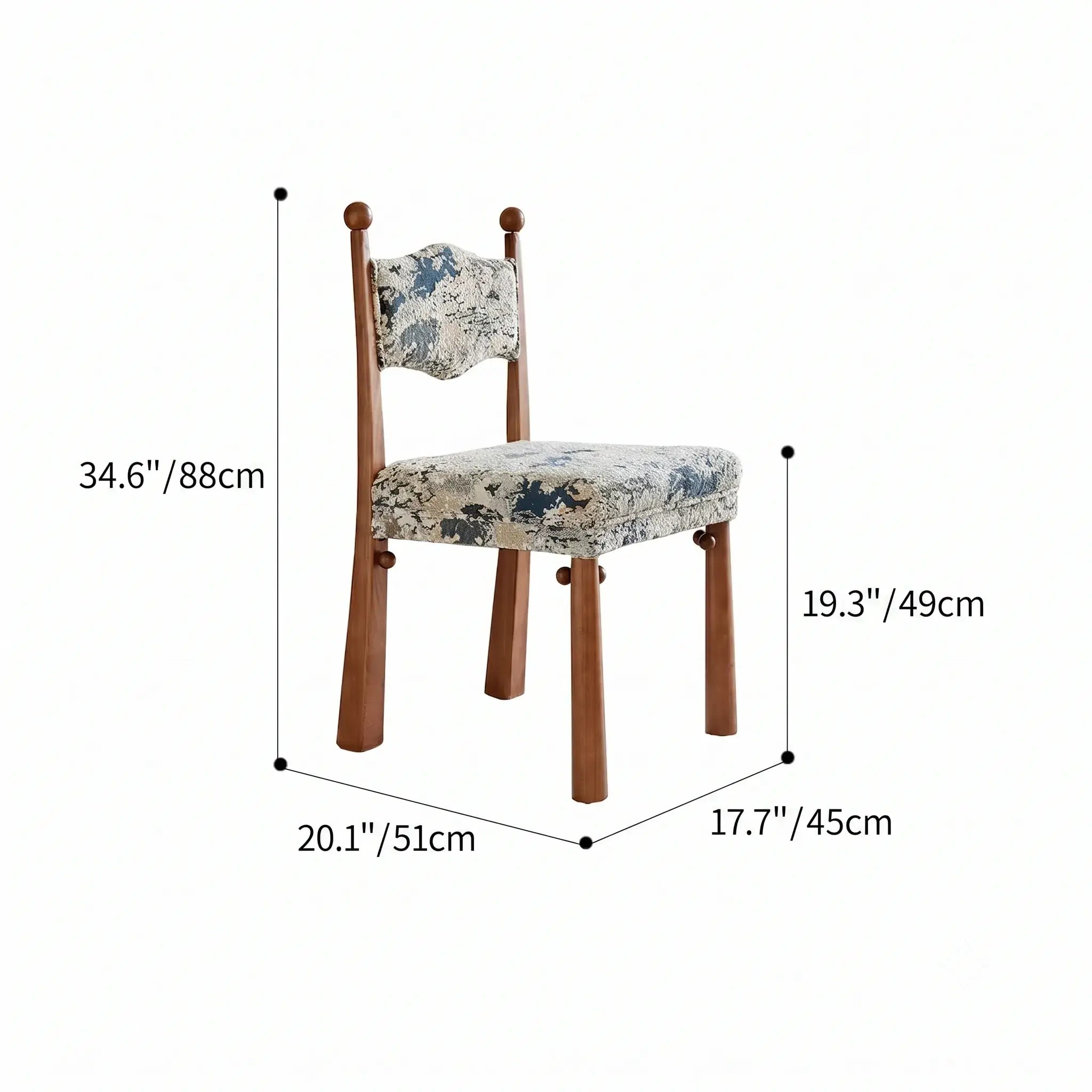 Vintage Wood Dining Chair Series With Turned Ash Legs and Patterned Upholstery Dimensions