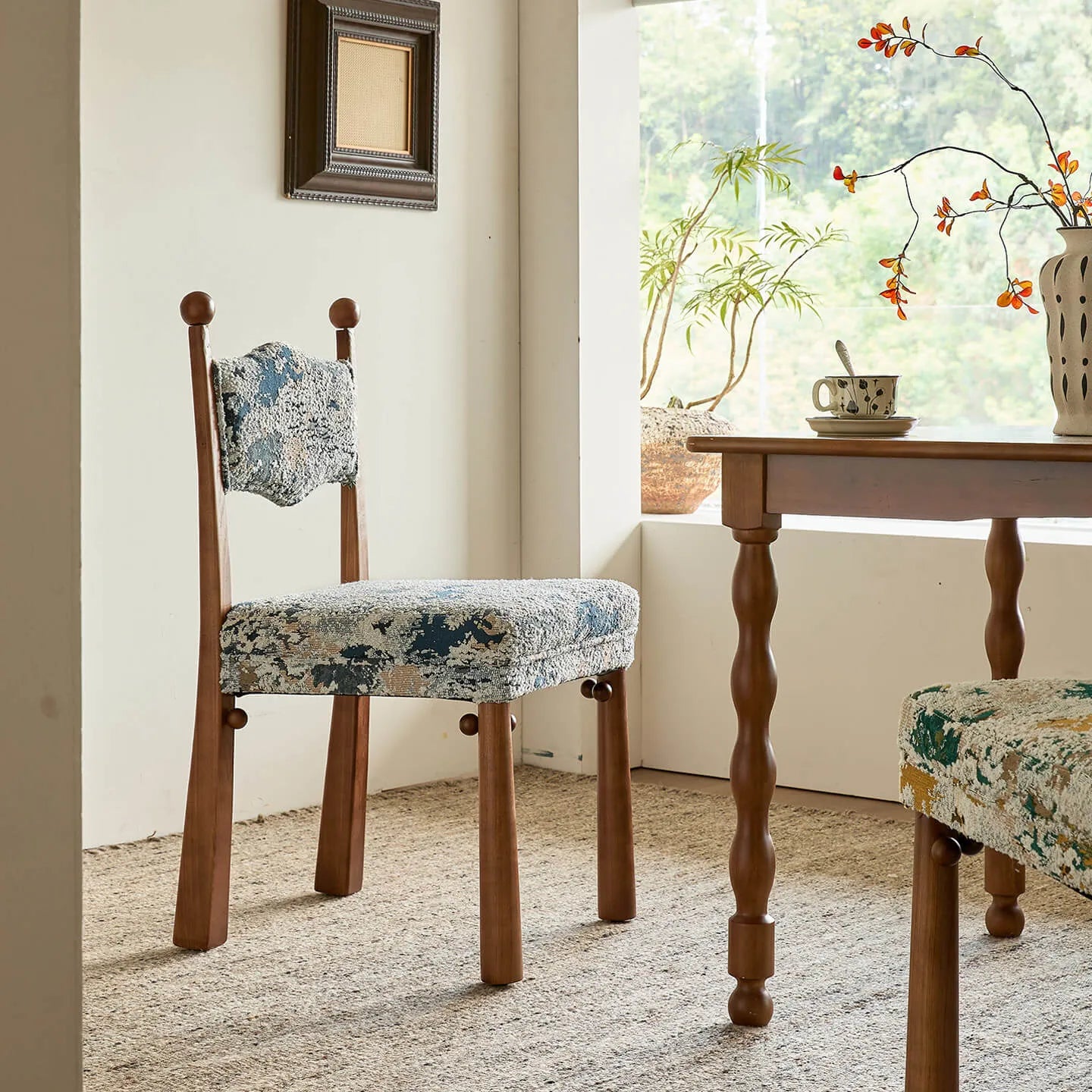 Vintage Wood Dining Chair Series With Turned Ash Legs and Patterned Upholstery Main Product Image