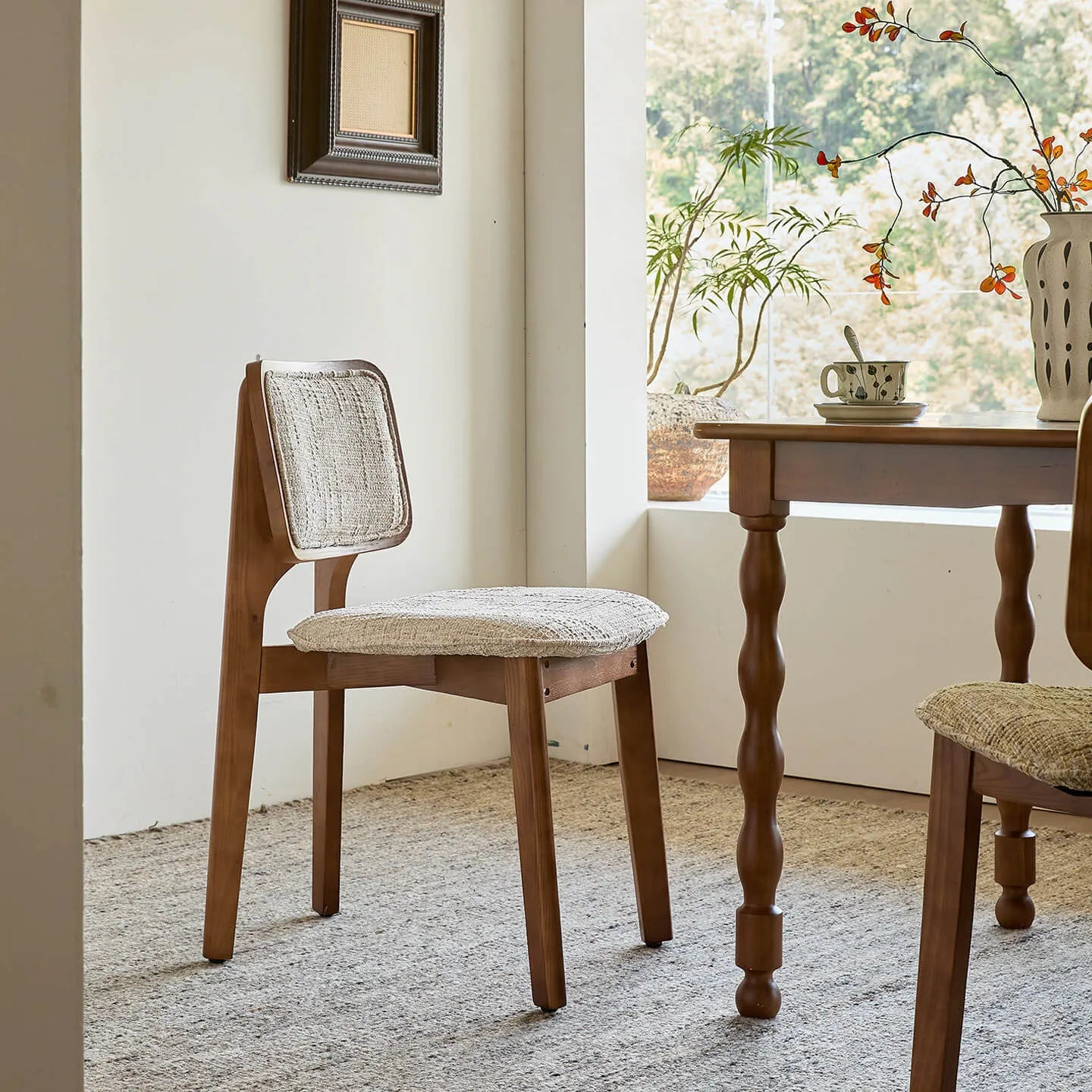 Vintage Wood Dining Chair With French Retro Ash Frame And Chenille Back