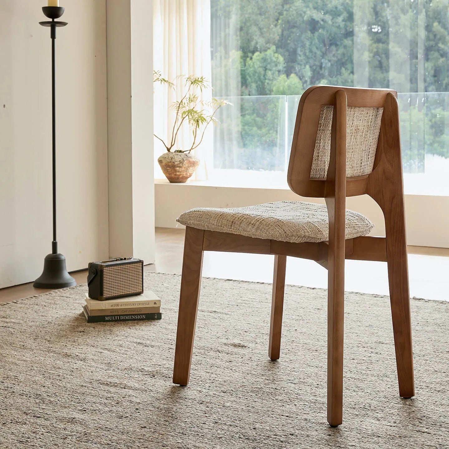 Vintage Wood Dining Chair With French Retro Ash Frame And Chenille Back