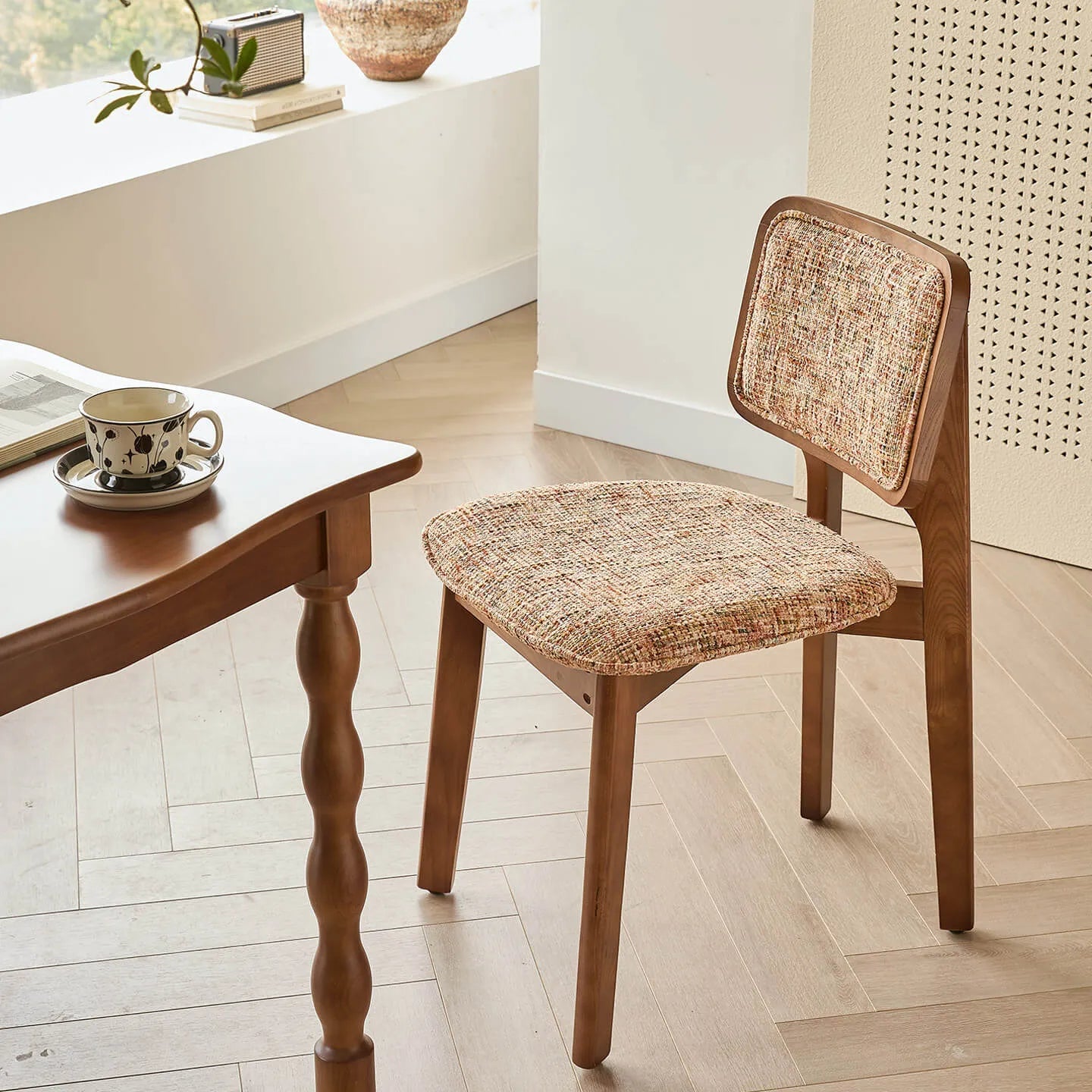 Vintage Wood Dining Chair With French Retro Ash Frame And Chenille Back