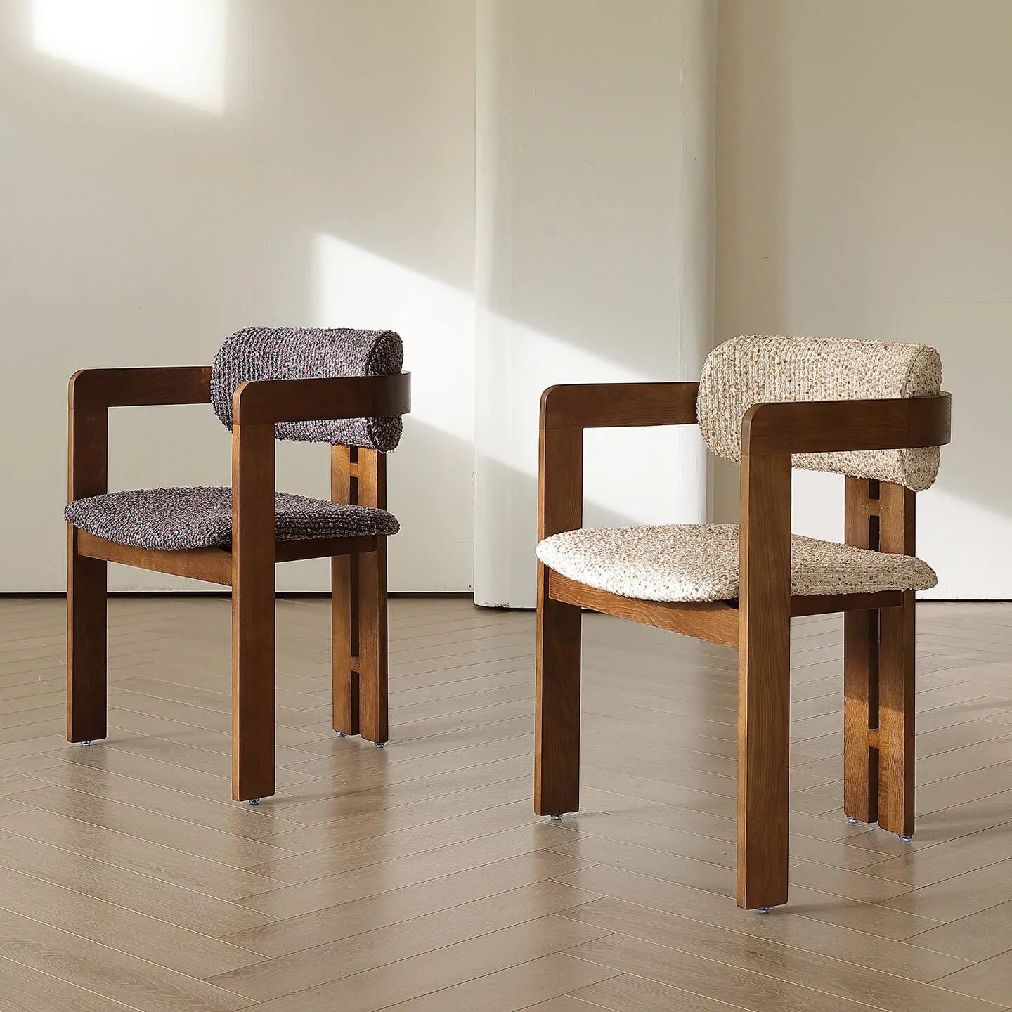 Vintage Wood Dining Chair With Hand-Finished Ash Frame and Textured Upholstery