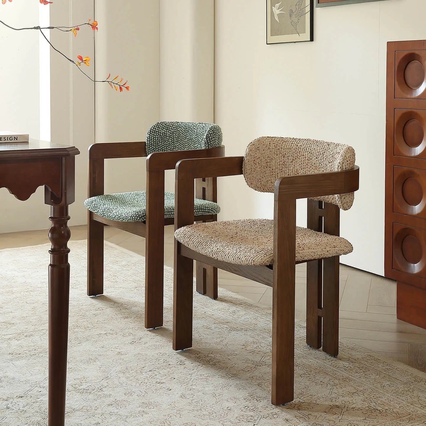 Vintage Wood Dining Chair With Hand-Finished Ash Frame and Textured Upholstery Secondary image