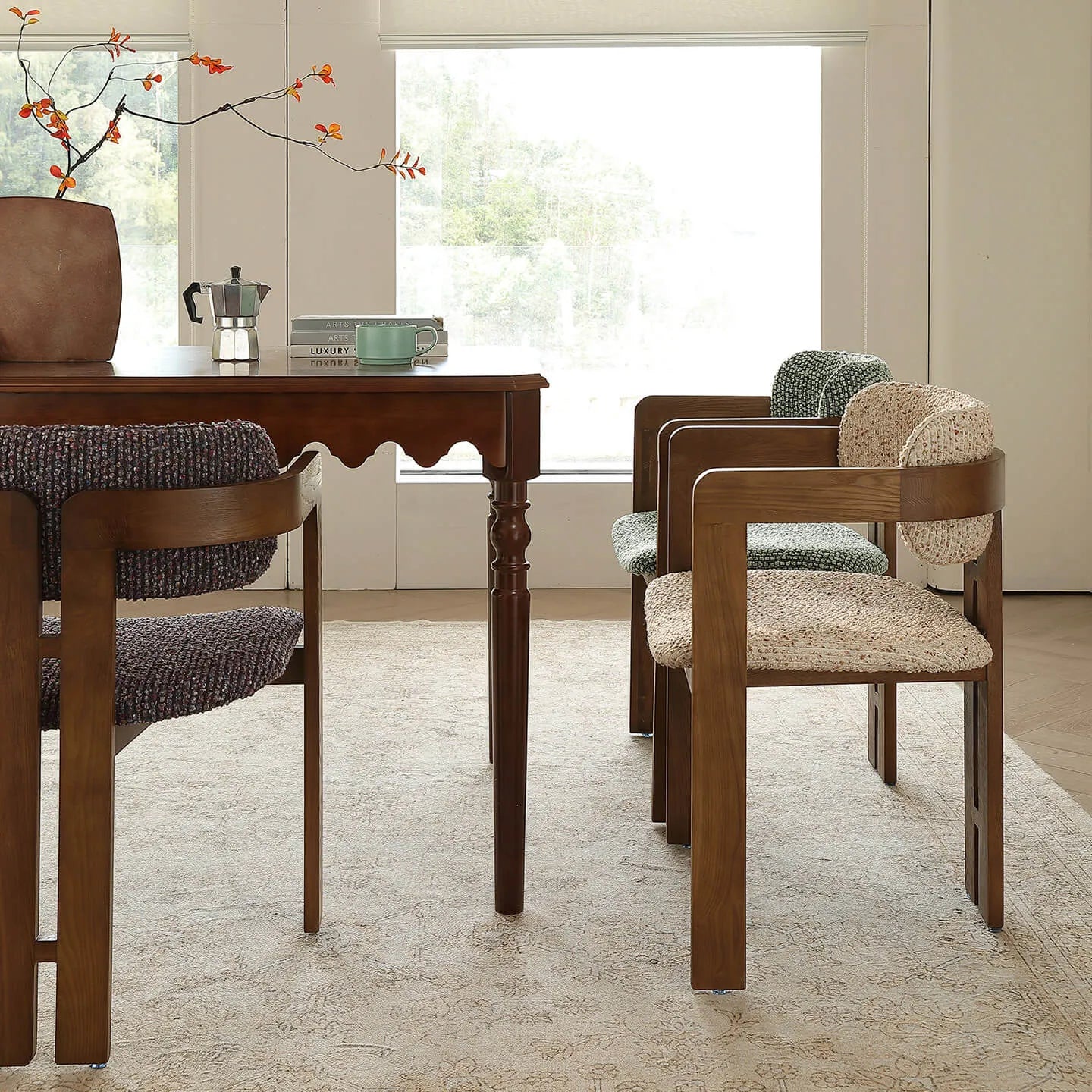 Vintage Wood Dining Chair With Hand-Finished Ash Frame and Textured Upholstery
