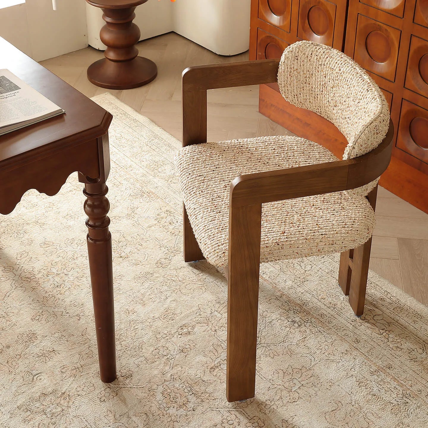 Vintage Wood Dining Chair With Hand-Finished Ash Frame and Textured Upholstery