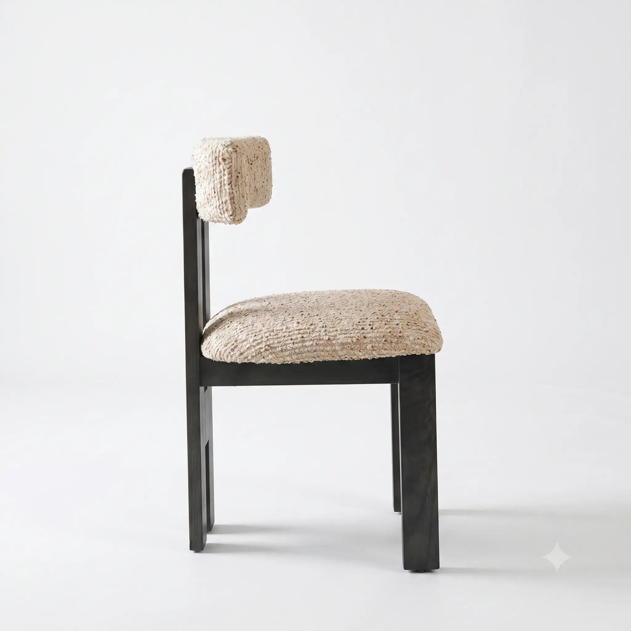 Vintage Wood Dining Chair with Sculptural Back and Linen Upholstery