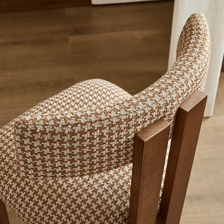 Vintage Wood Dining Chair with Sculptural Back and Linen Upholstery